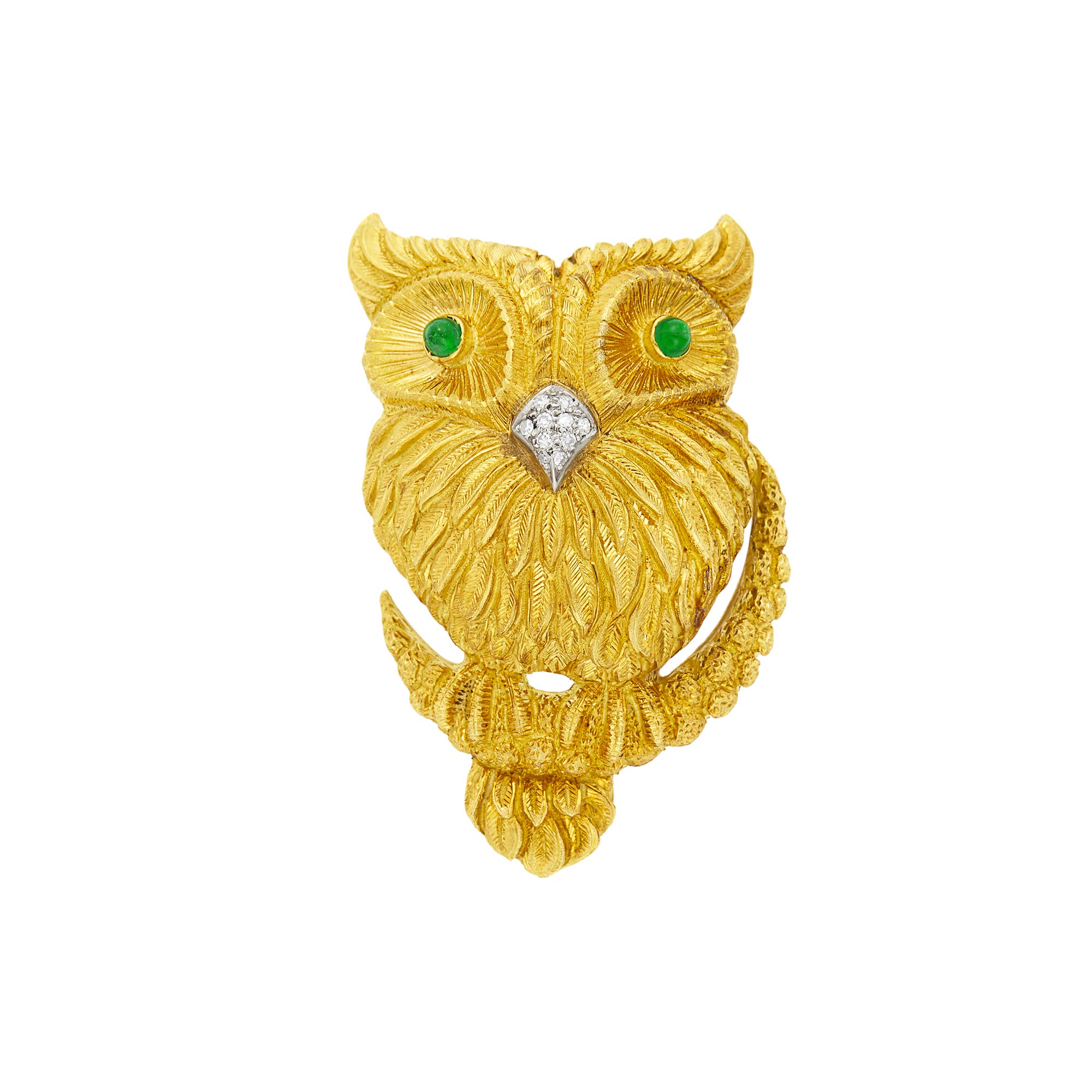 Lot image - Cartier Two-Color Gold, Cabochon Emerald and Diamond Owl Brooch