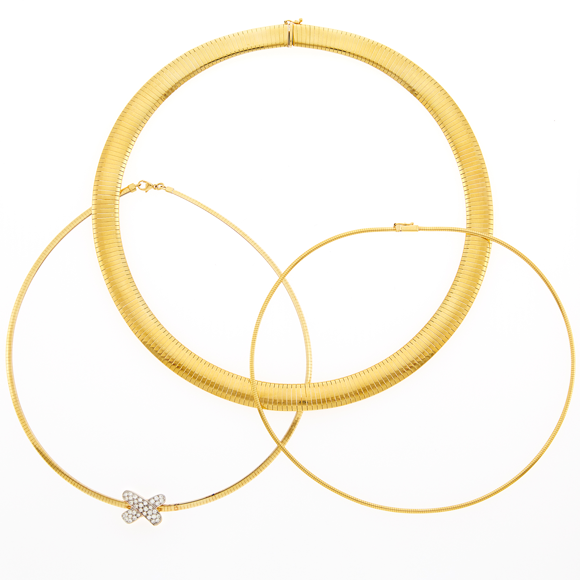 Lot image - Three Two-Color Gold Necklaces and Gold and Diamond X Pendant