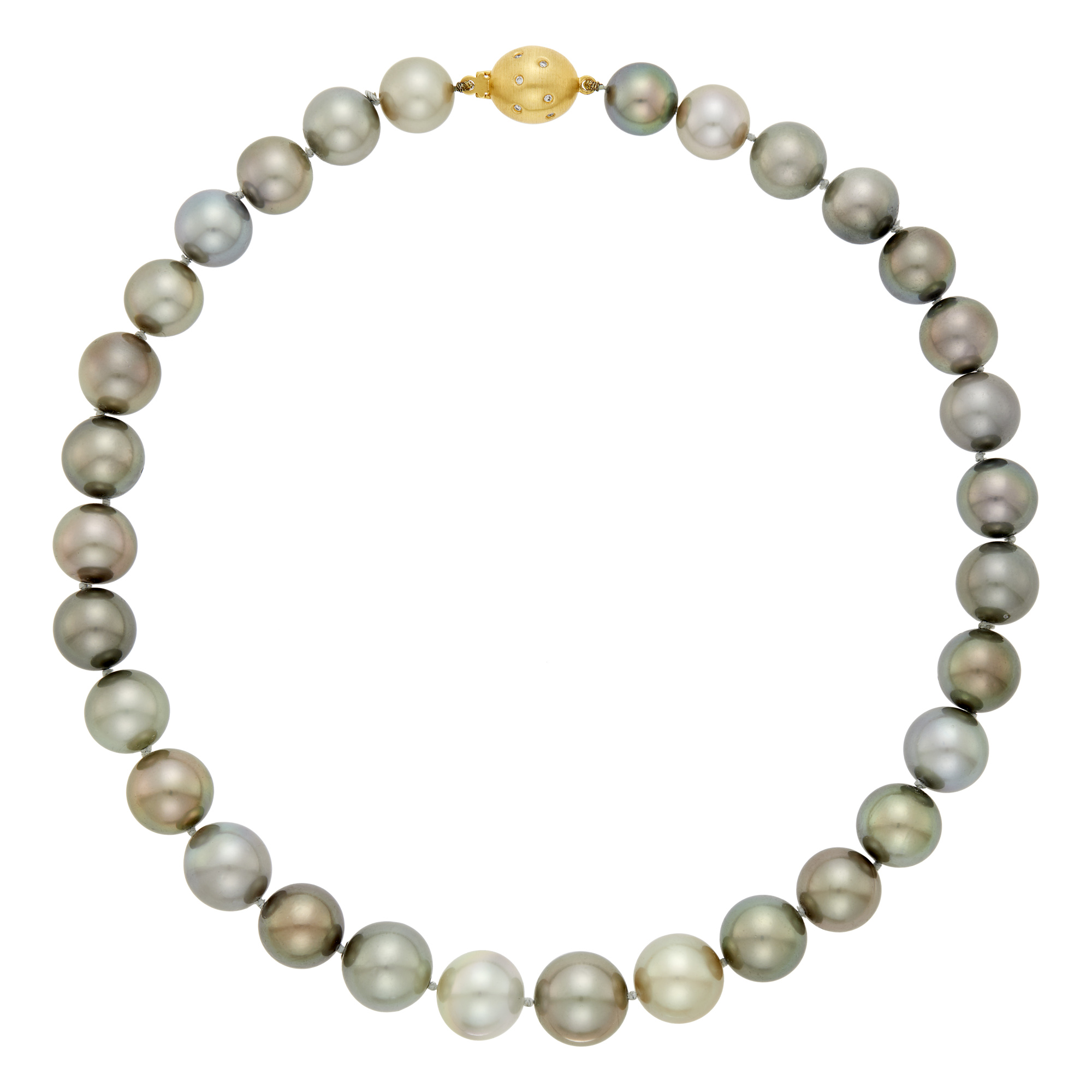 Lot image - Tahitian Gray and Golden Cultured Pearl Necklace with Gold and Diamond Ball Clasp