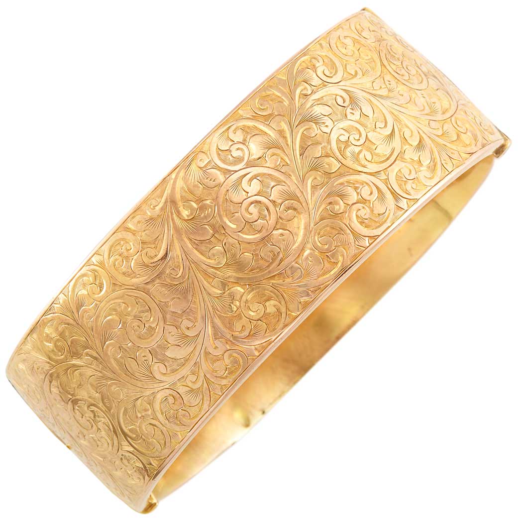 Lot image - Low Karat Engraved Gold Bangle Bracelet