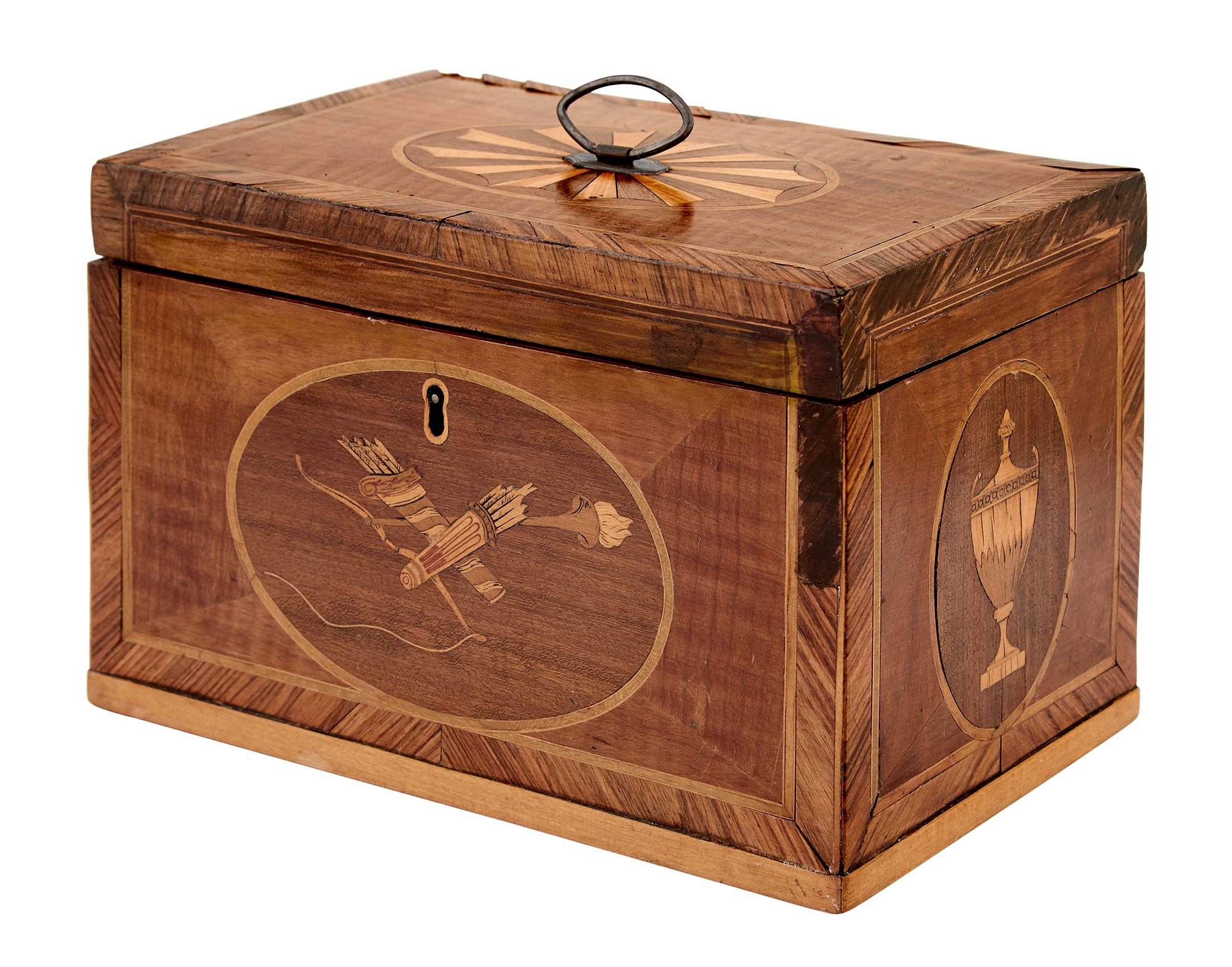 Lot image - George III Harewood, Tulipwood and Satinwood Marquetry Tea Caddy