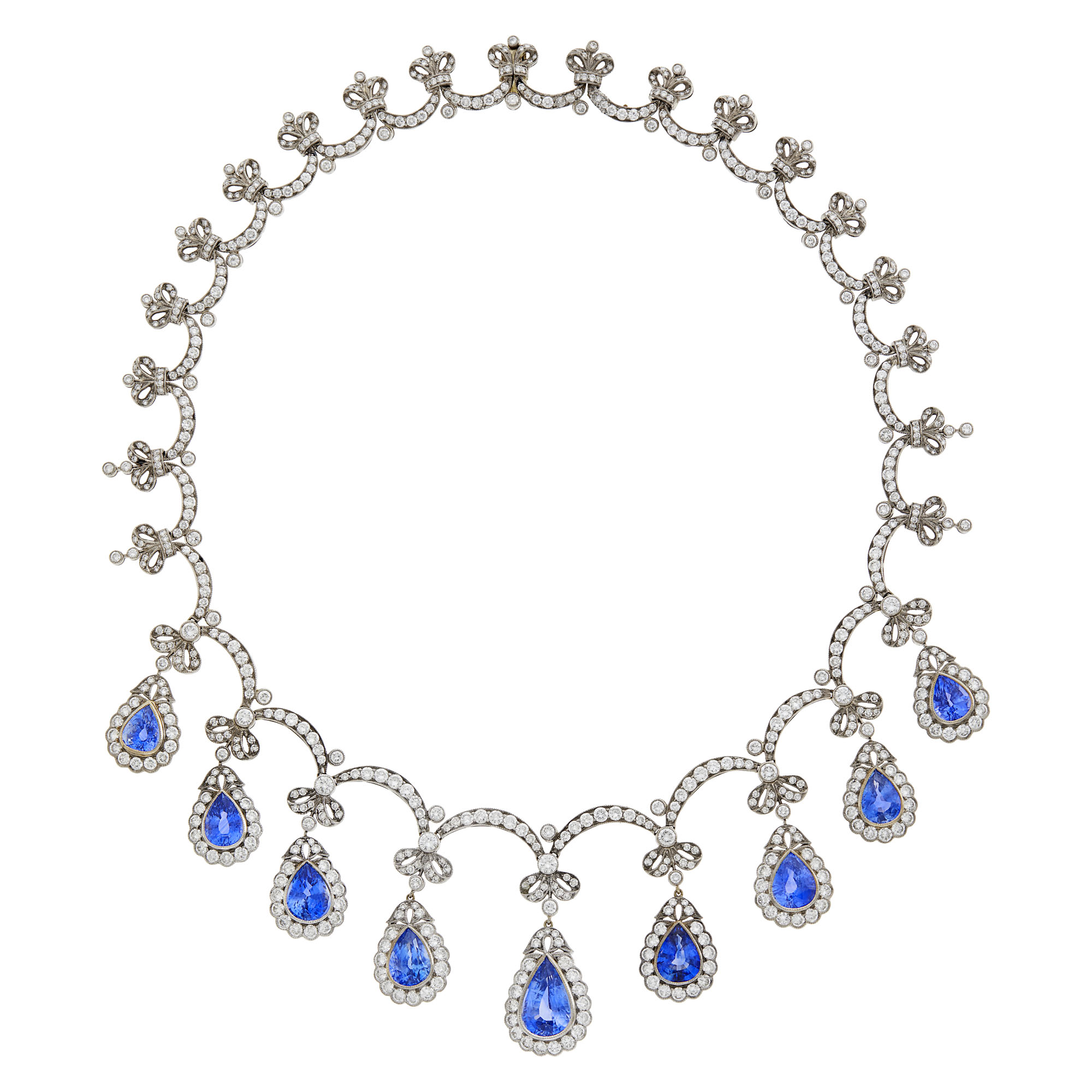 Lot image - White Gold, Sapphire and Diamond Fringe Necklace