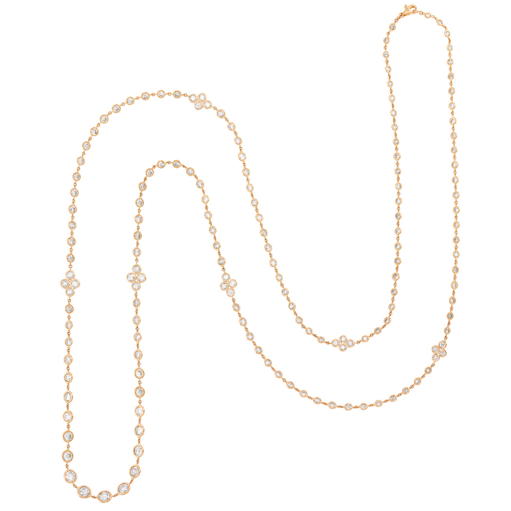 Lot image - Long Rose Gold and Diamond Quatrefoil Chain Necklace