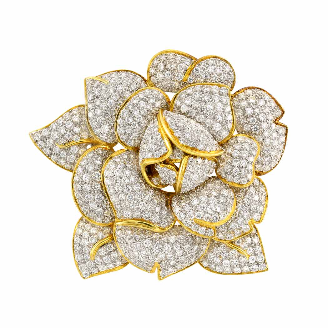 Lot image - Two-Color Gold, Diamond and South Sea Cultured Pearl Flower Clip-Brooch