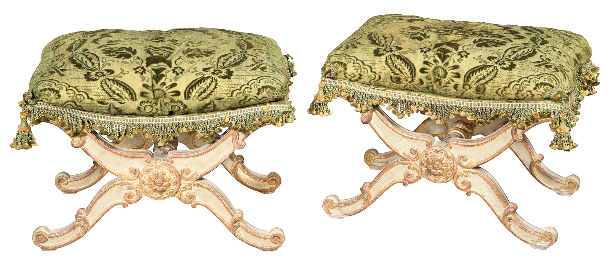 Lot image - Pair of Louis XV/Louis XVI Transitional Style Painted and Parcel-Gilt Stools