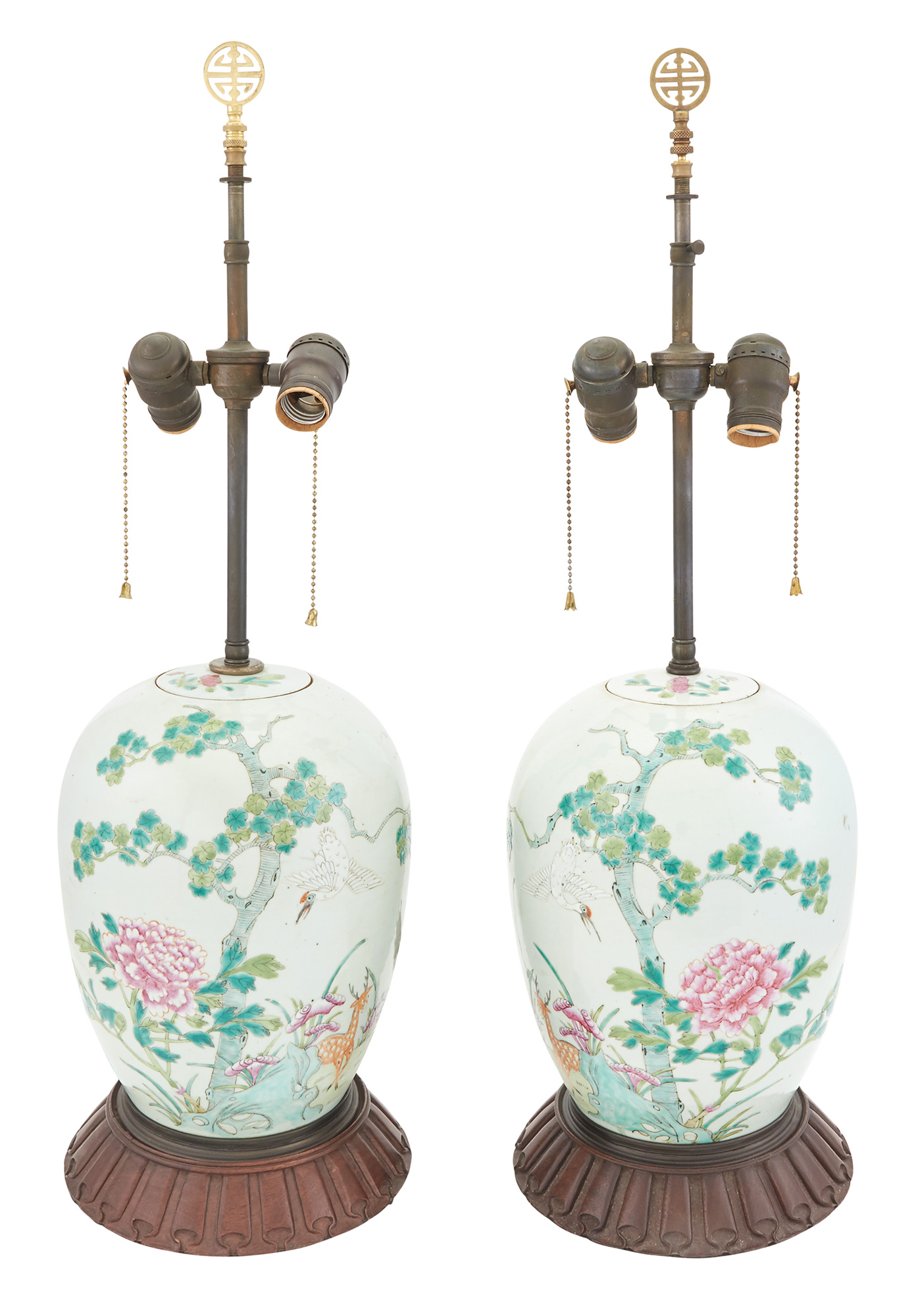 Lot image - Pair of Chinese Famille Rose Porcelain Covered Jars as Lamps