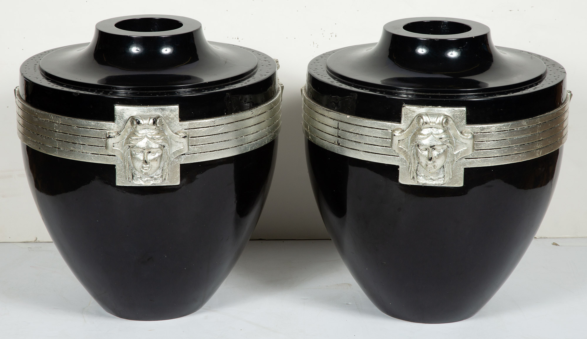 Lot image - Pair of Black Lacquered and Silver Painted Composition Vases