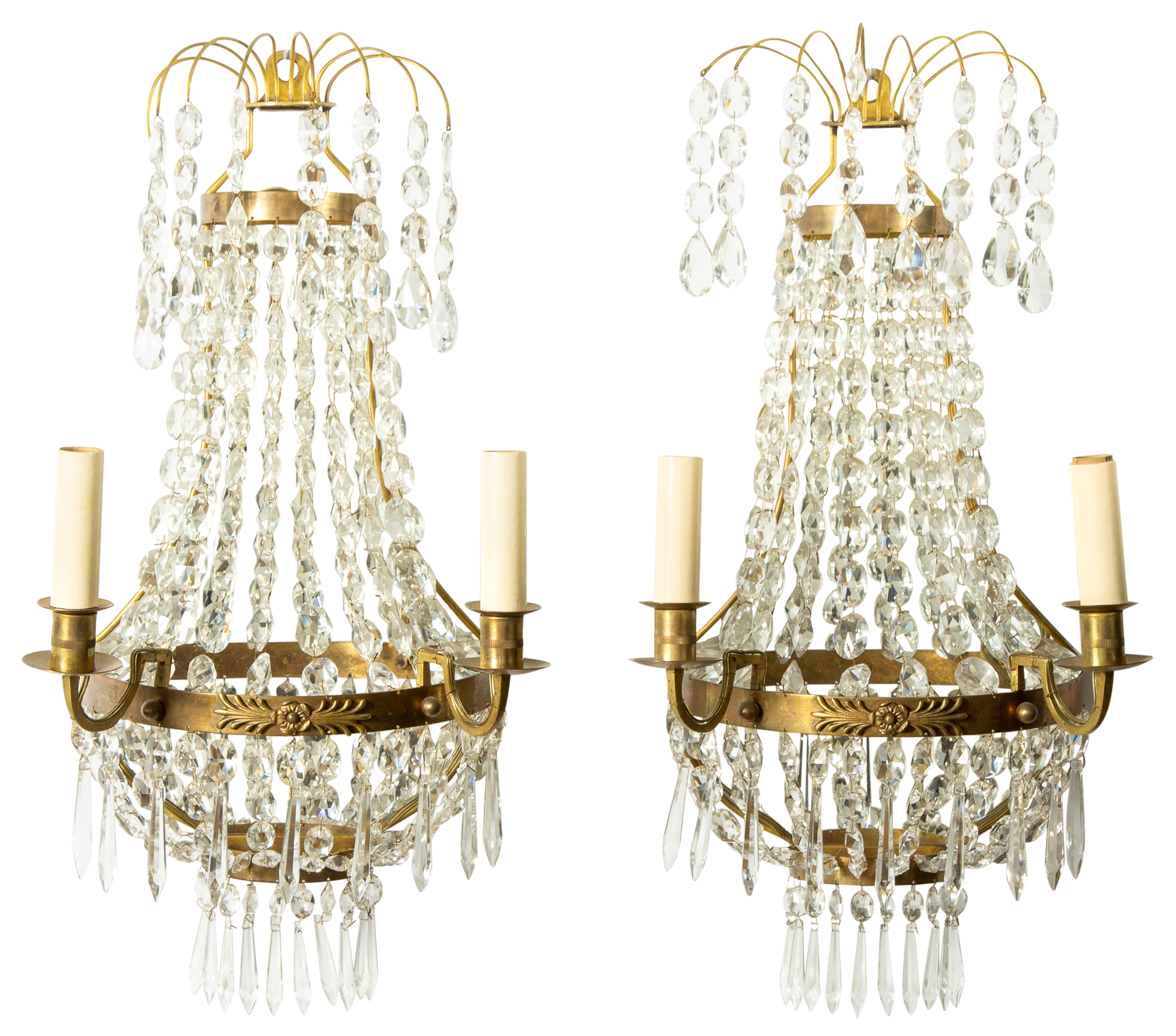 Lot image - Pair of Louis XVI Style Gilt-Metal and Beaded Glass Mirror-Back Two-Light Sconces