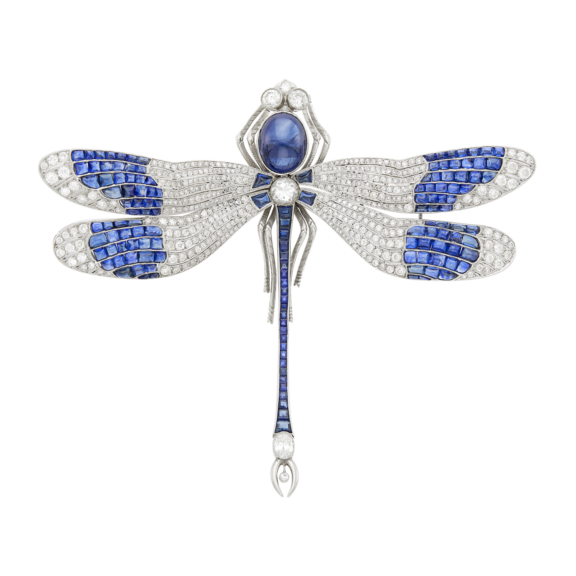 Lot image - Platinum, Gold, Cabochon Sapphire and Diamond Dragonfly Brooch