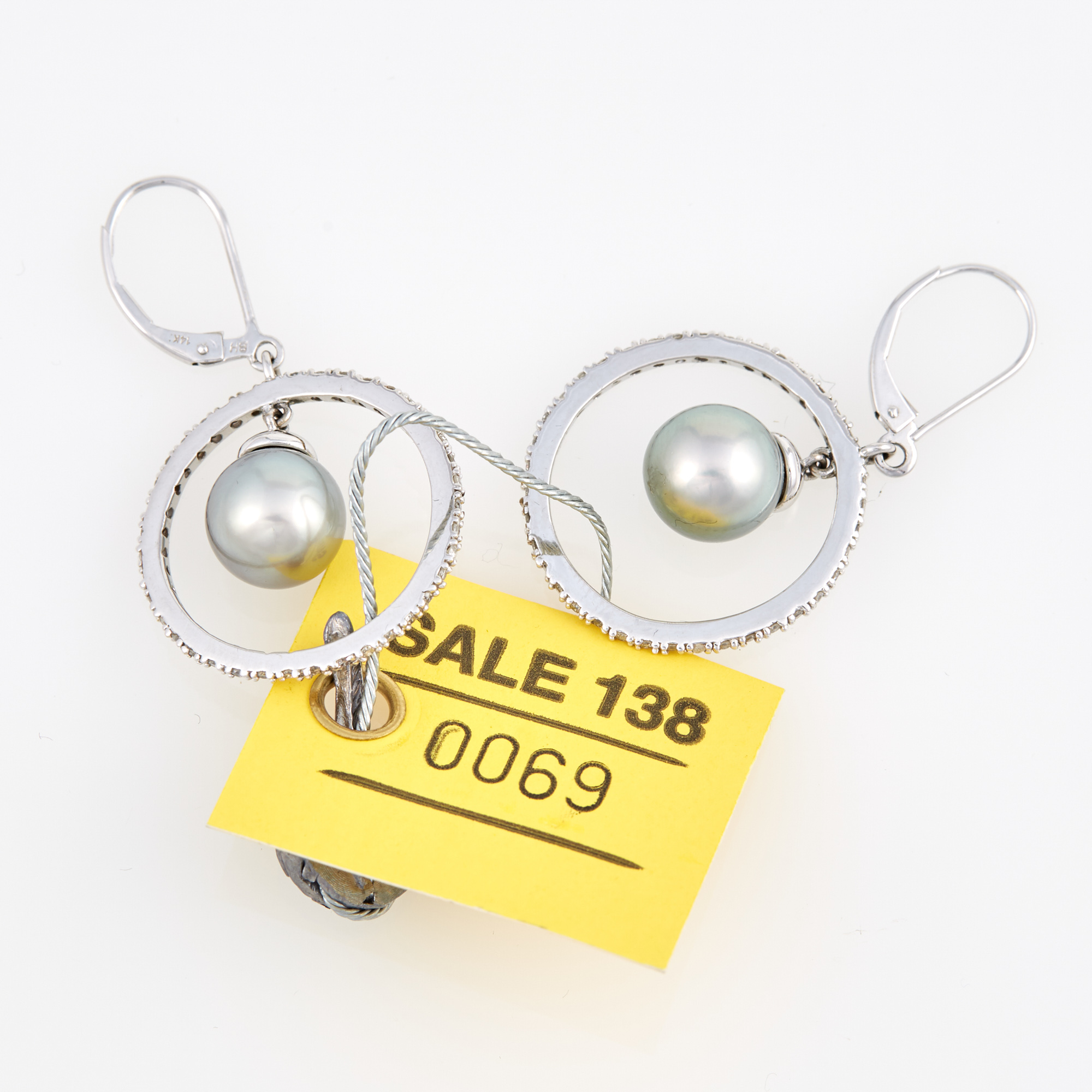 Lot image - Two Diamond and Bead Earrings, 14K 4 dwt. all