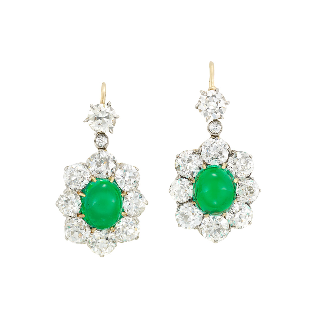 Lot image - Pair of Antique Platinum, Gold, Cabochon Emerald and Diamond Earrings