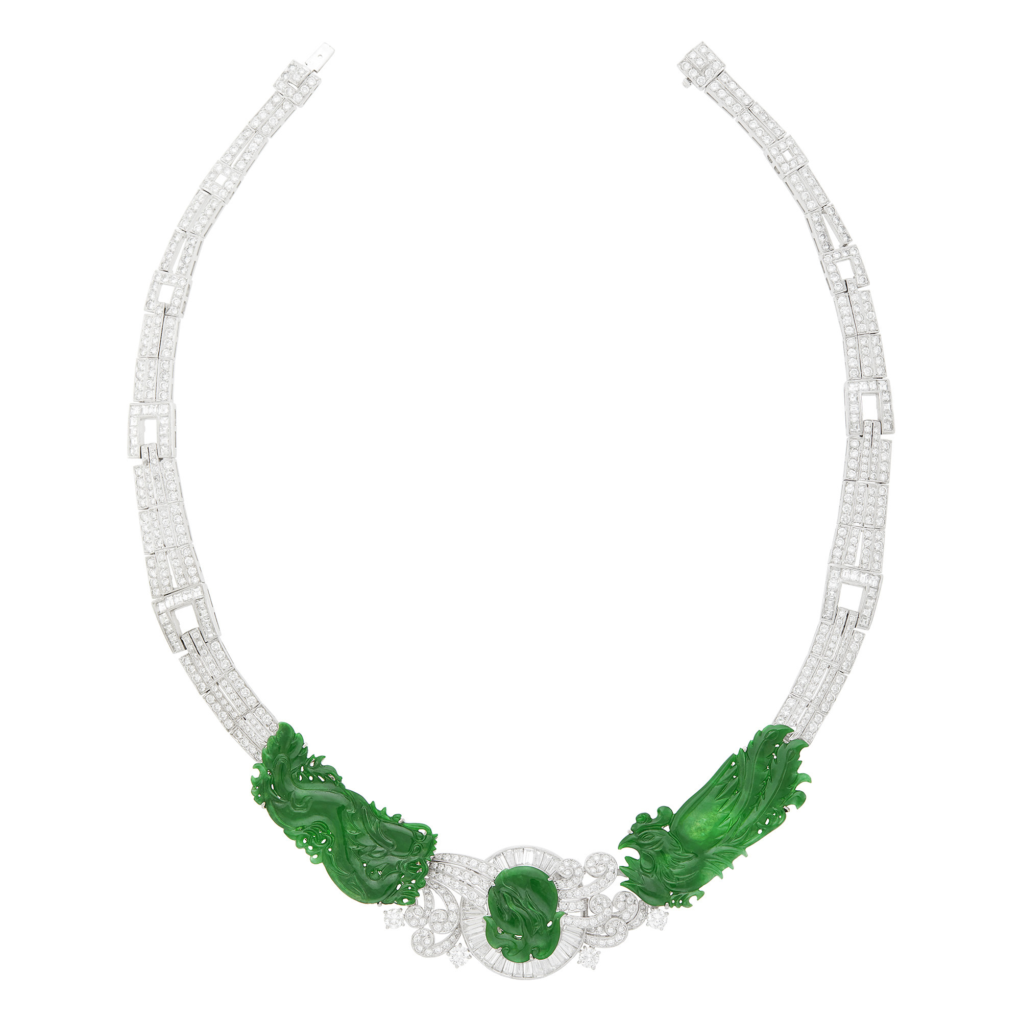 Lot image - White Gold, Carved Jade and Diamond Necklace