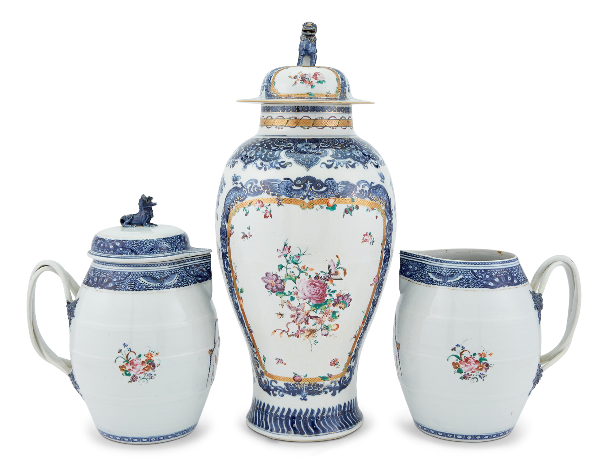 Lot image - Two Chinese Export Porcelain Cider Jugs and a Covered Baluster Vase