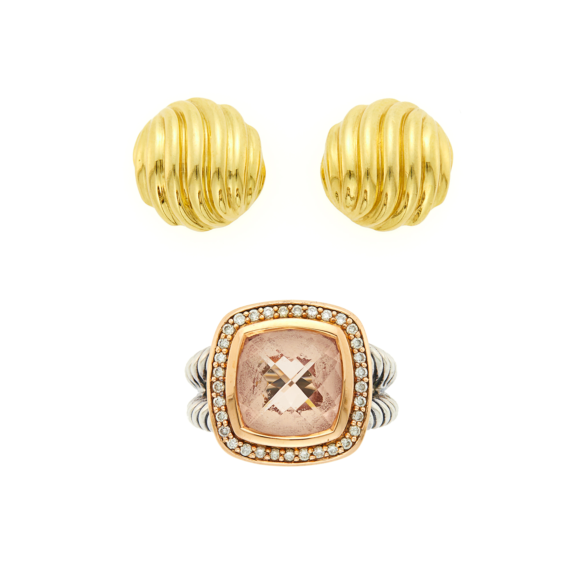 Lot image - David Yurman Silver, Rose Gold, Rose Quartz and Diamond Ring and Pair of Gold Earrings