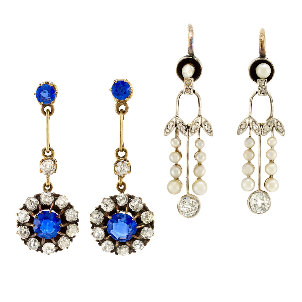 Lot image - Pair of Antique Sapphire and Diamond Pendant-Earrings and Edwardian Diamond and Button Pearl Pendant-Earrings