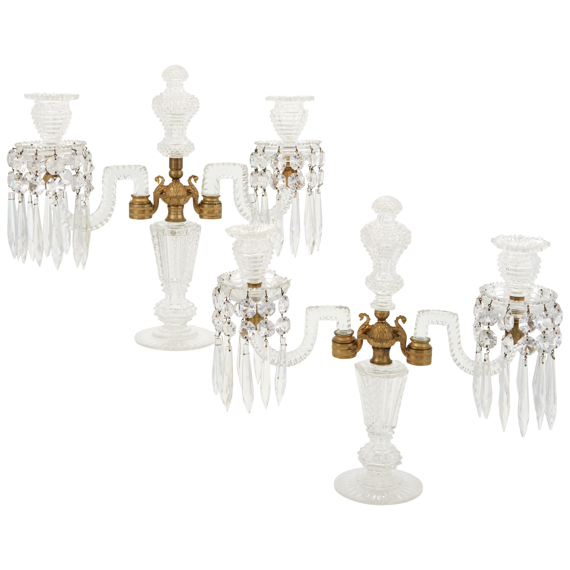 Lot image - Pair of Regency Style Gilt Brass and Cut Glass Two-Light Girandole Candelabra