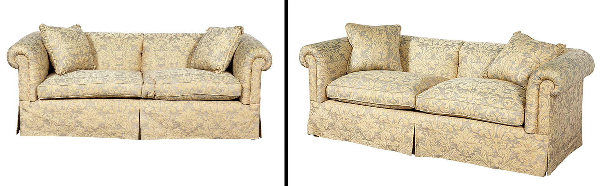 Lot image - Pair of Fortuny Fabric-Upholstered Two-Cushion Sofas