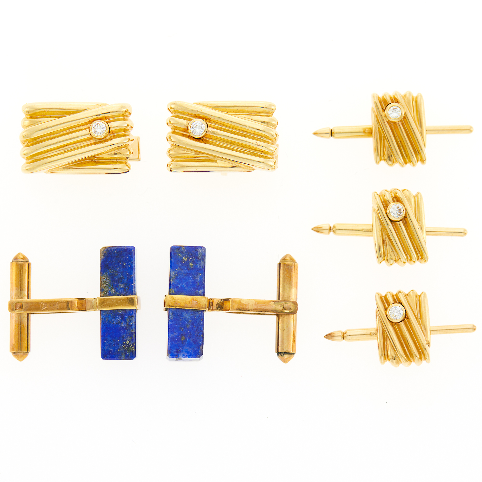 Lot image - Gold and Diamond Dress Set and Pair of Low Karat Gold and Lapis Cufflinks