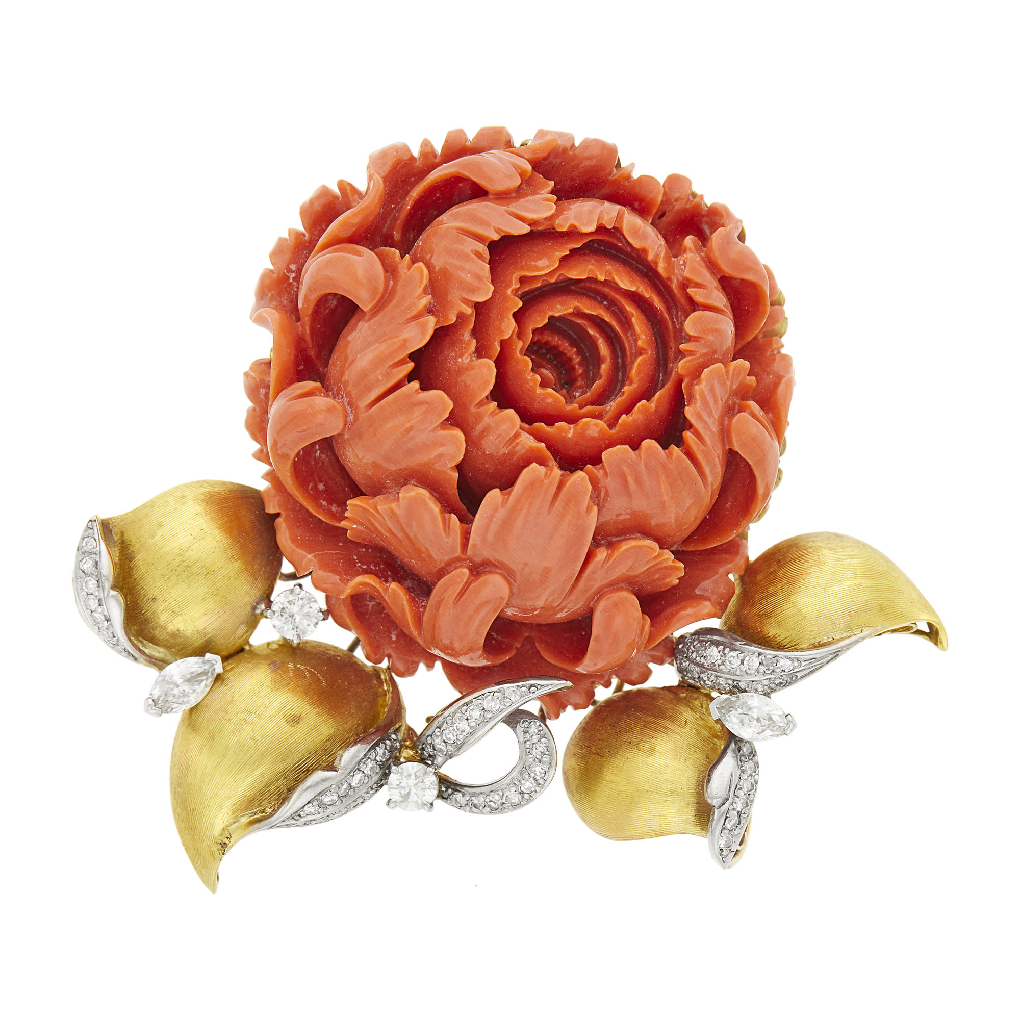 Lot image - Two-Color Gold, Carved Coral and Diamond Flower Brooch