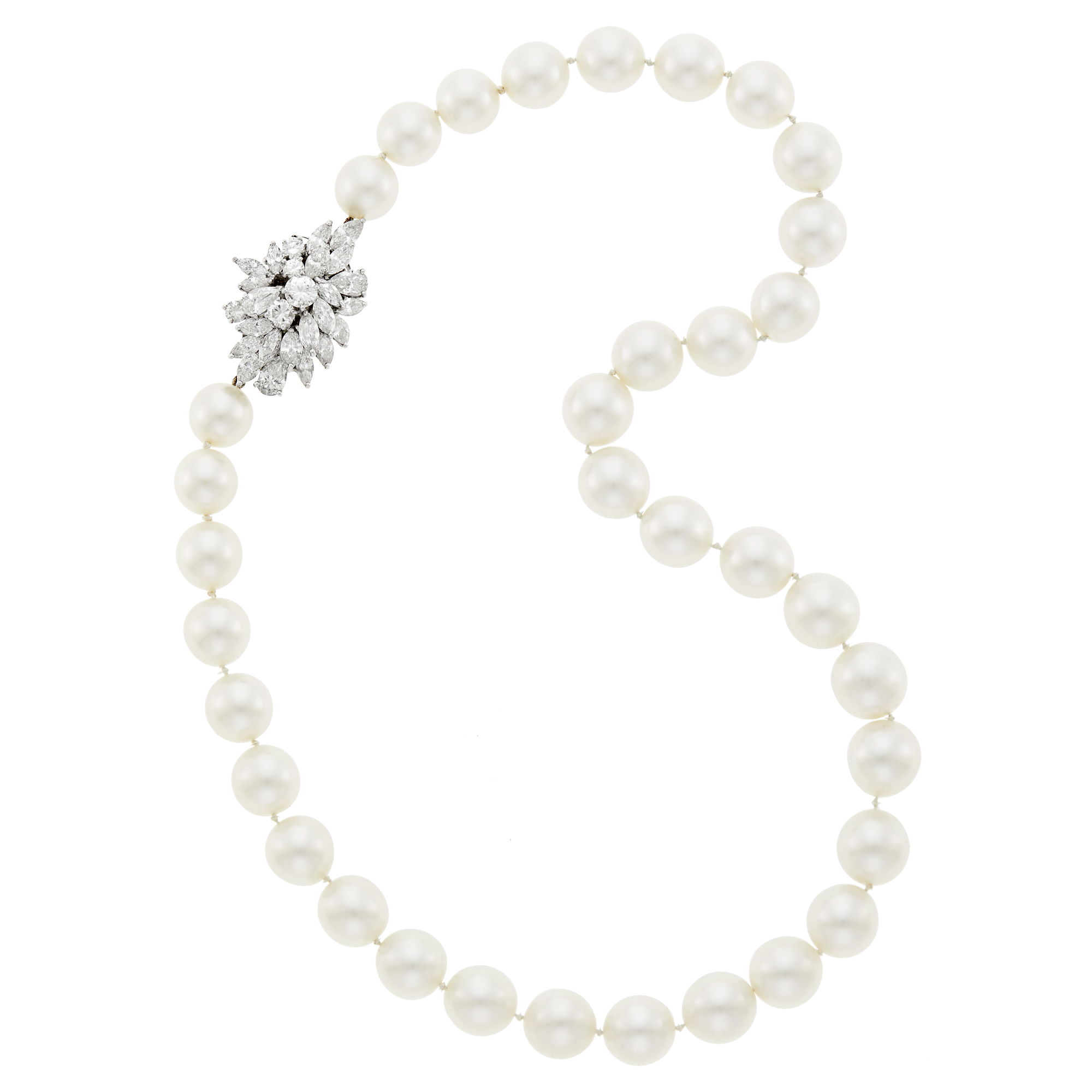 Lot image - South Sea Cultured Pearl Necklace with White Gold and Diamond Cluster Clasp
