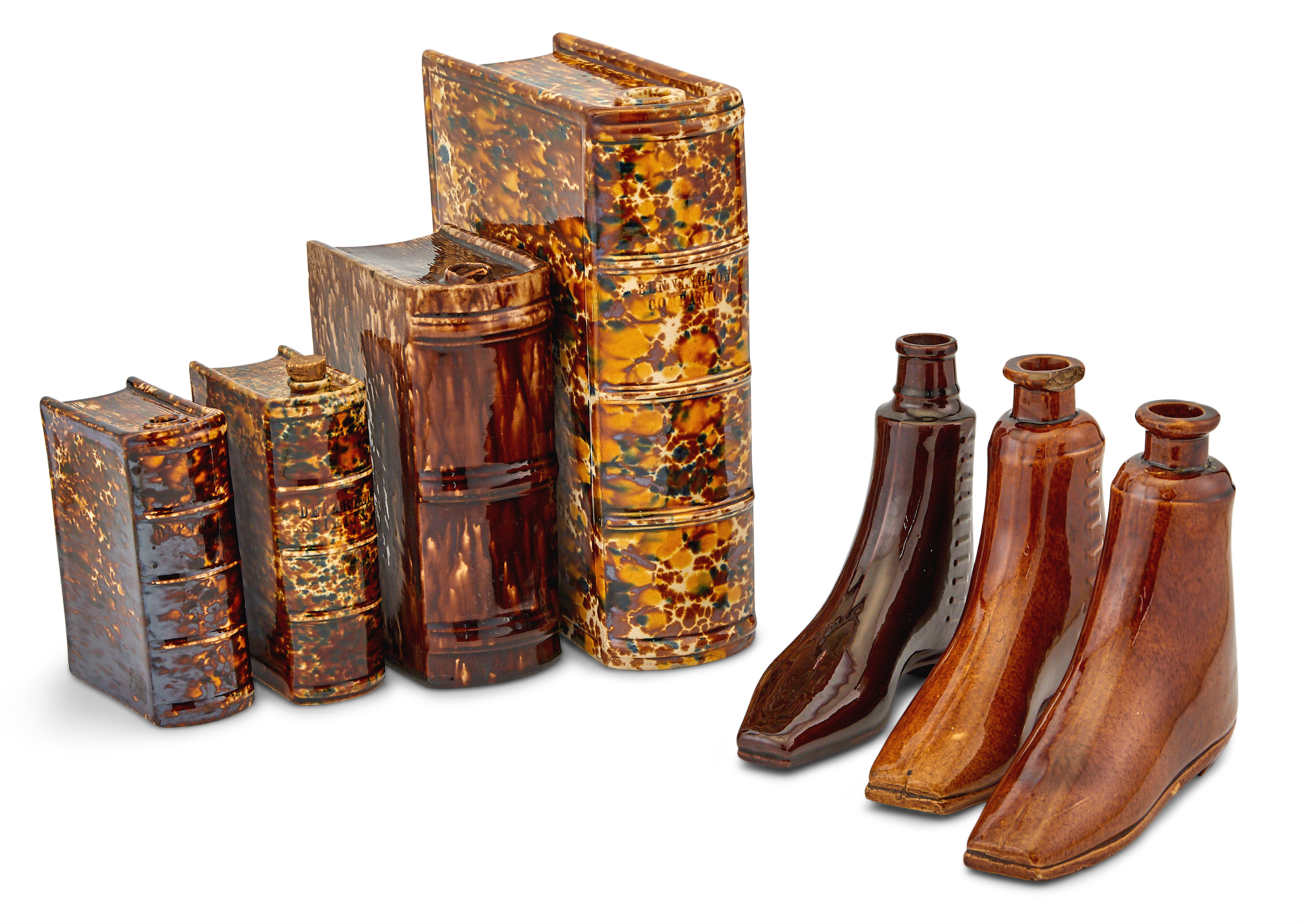 Lot image - Seven Rockingham Glazed Pottery Flasks