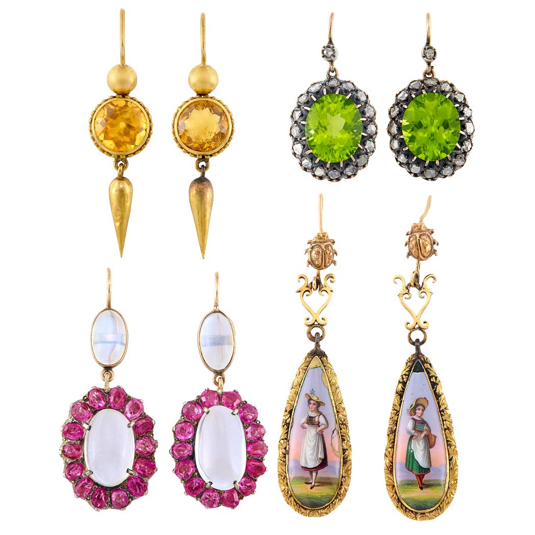 Lot image - Four Pairs of Gem-Set, Diamond and Enamel Pendant-Earrings