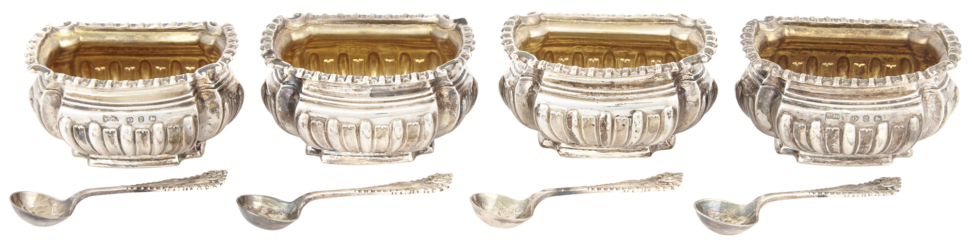 Lot image - Cased Set of Four Victorian Sterling Silver Open Salts and Four Sterling Silver Salt Spoons