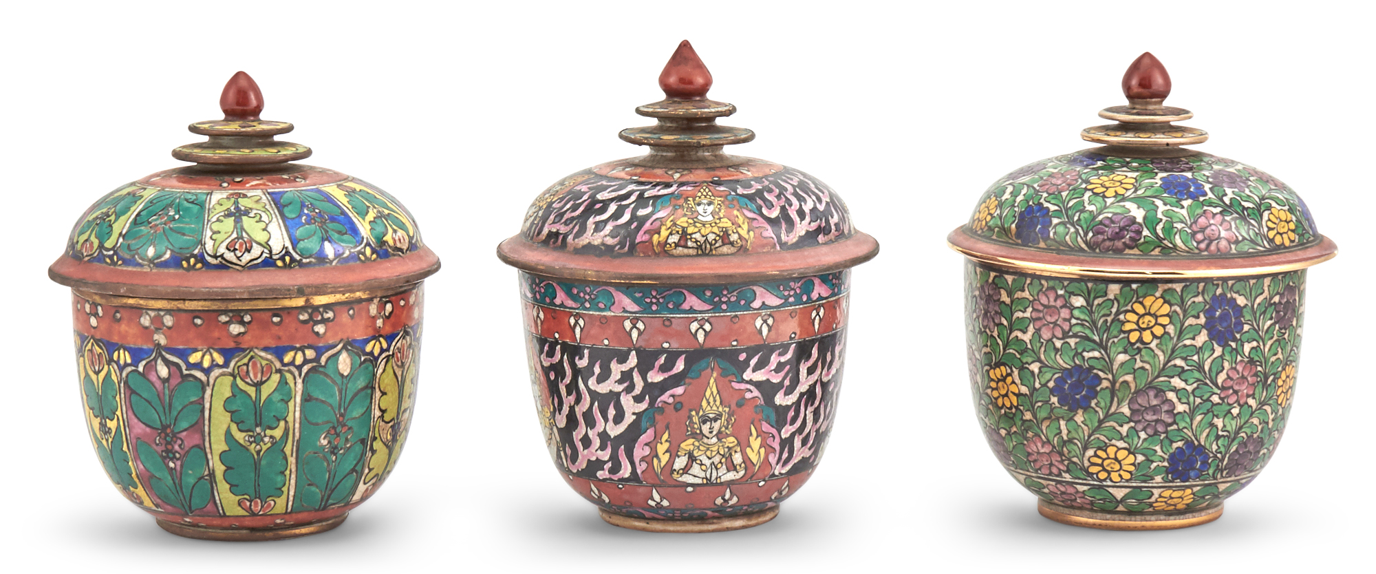 Lot image - Three Thai-Market Bencharong Jars and Covers