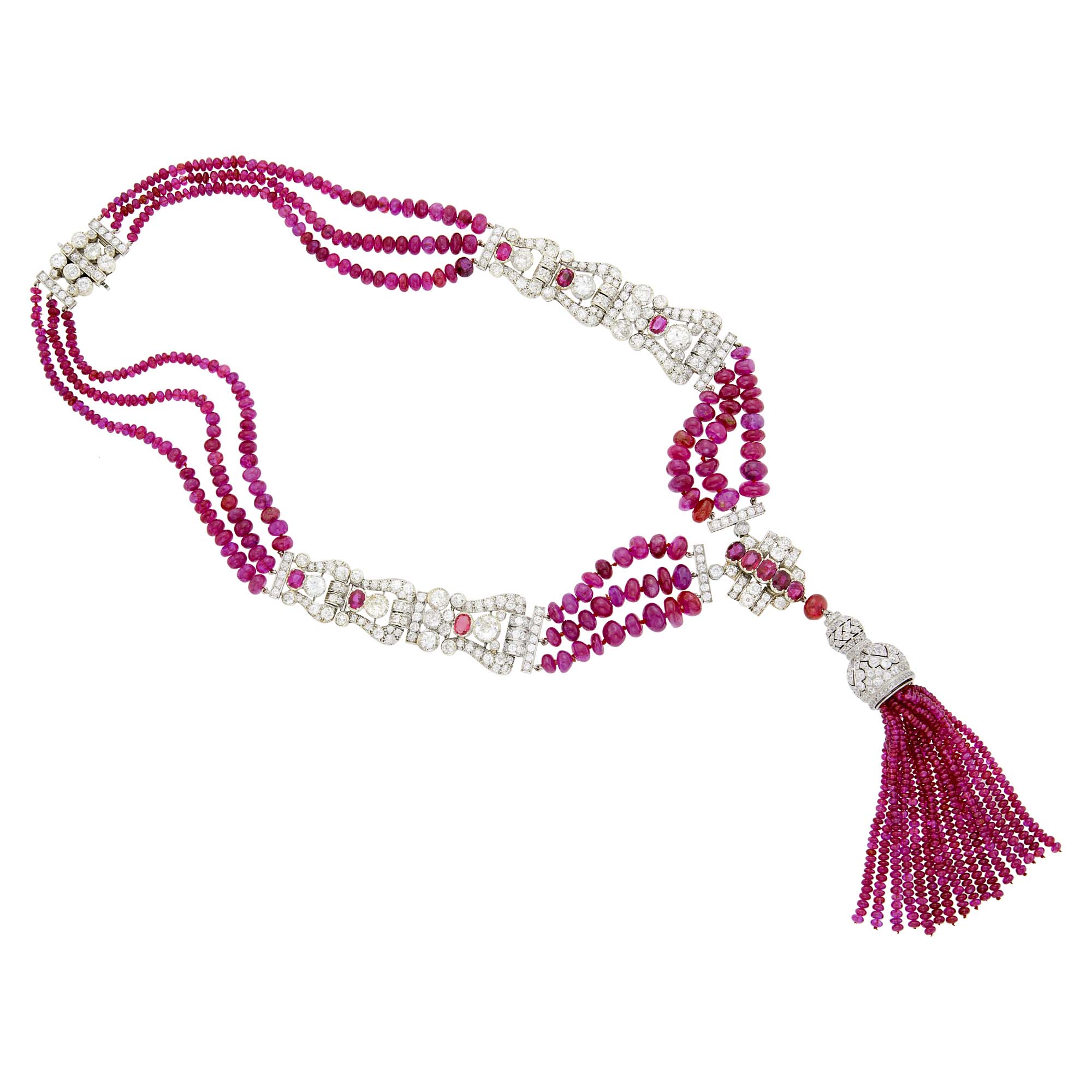 Lot image - Tiffany & Co. Triple Strand Ruby Bead, White Gold, Platinum, Diamond and Ruby Tassle Necklace, France