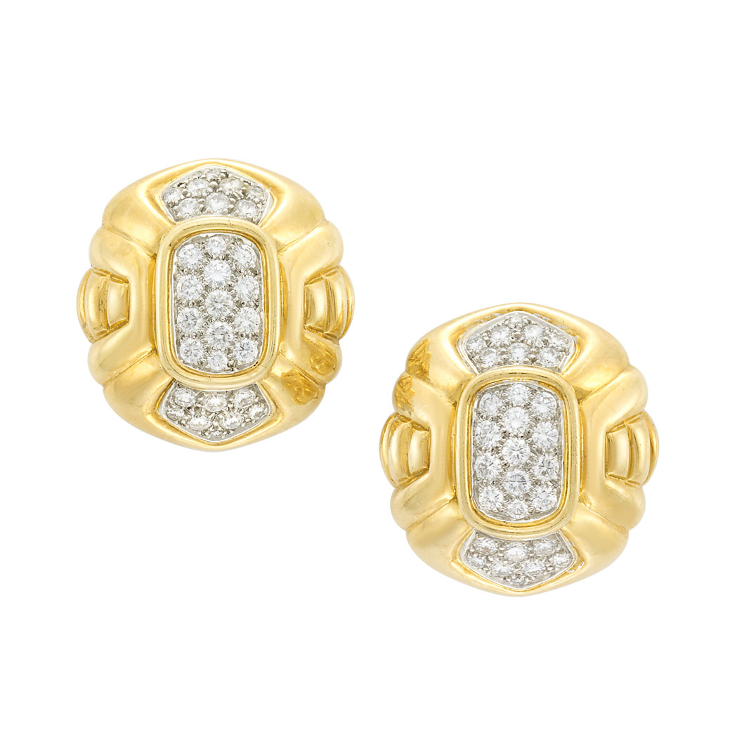 Lot image - Pair of Two-Color Gold and Diamond Earclips