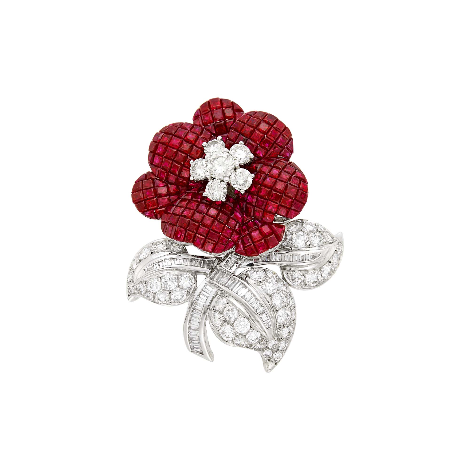 Lot image - White Gold, Invisibly-Set Ruby and Diamond Flower Clip-Brooch