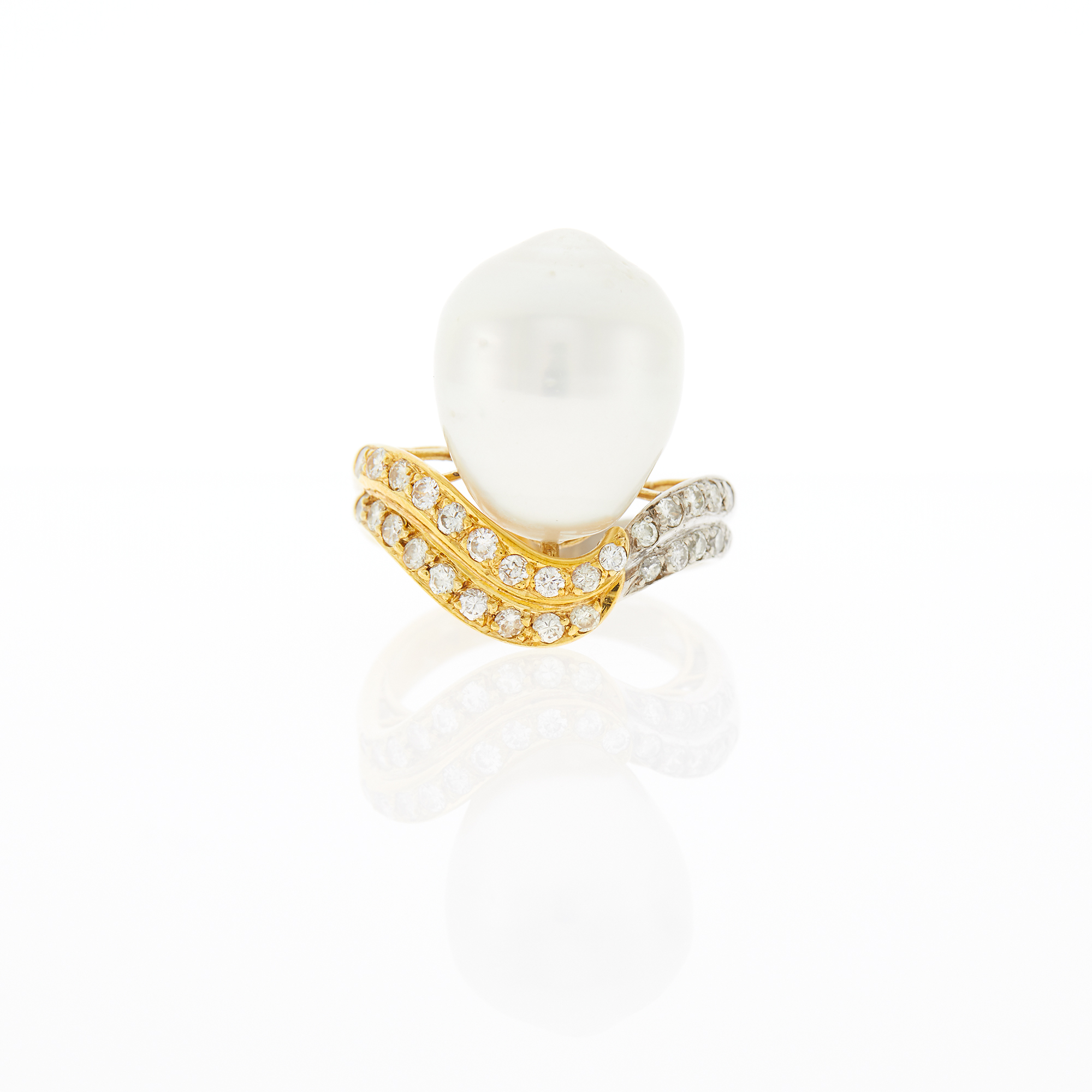Lot image - Two-Color Gold, Diamond and Baroque Cultured Pearl Ring