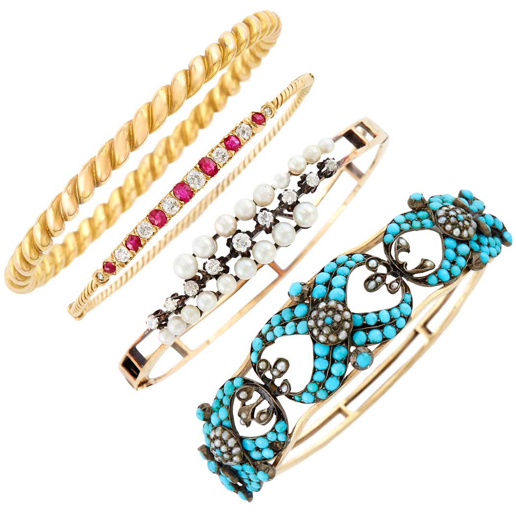 Lot image - Antique Silver, Gold, Turquoise, Pearl and Diamond Bangle and Three Gold, Ruby and Diamond Bangles