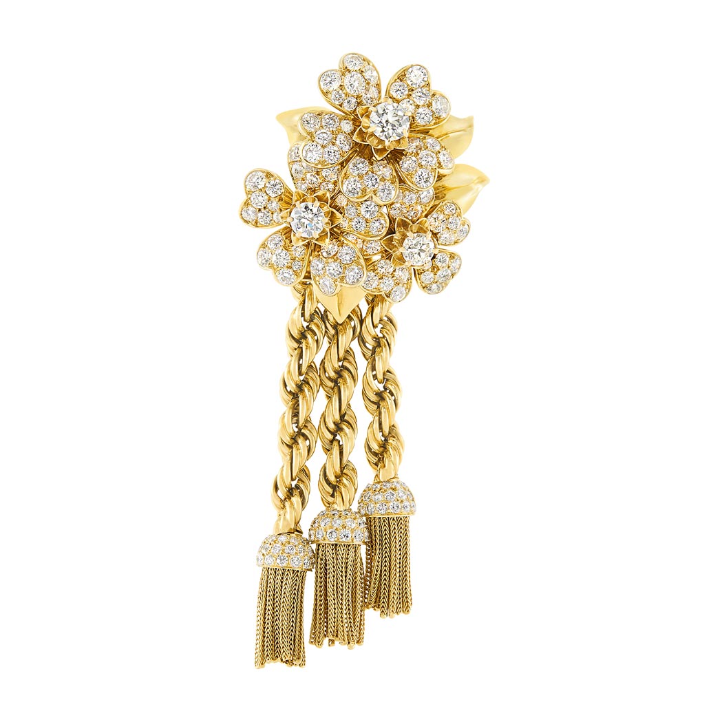 Lot image - Gold and Diamond Floral Tassel Clip-Brooch, Van Cleef & Arpels