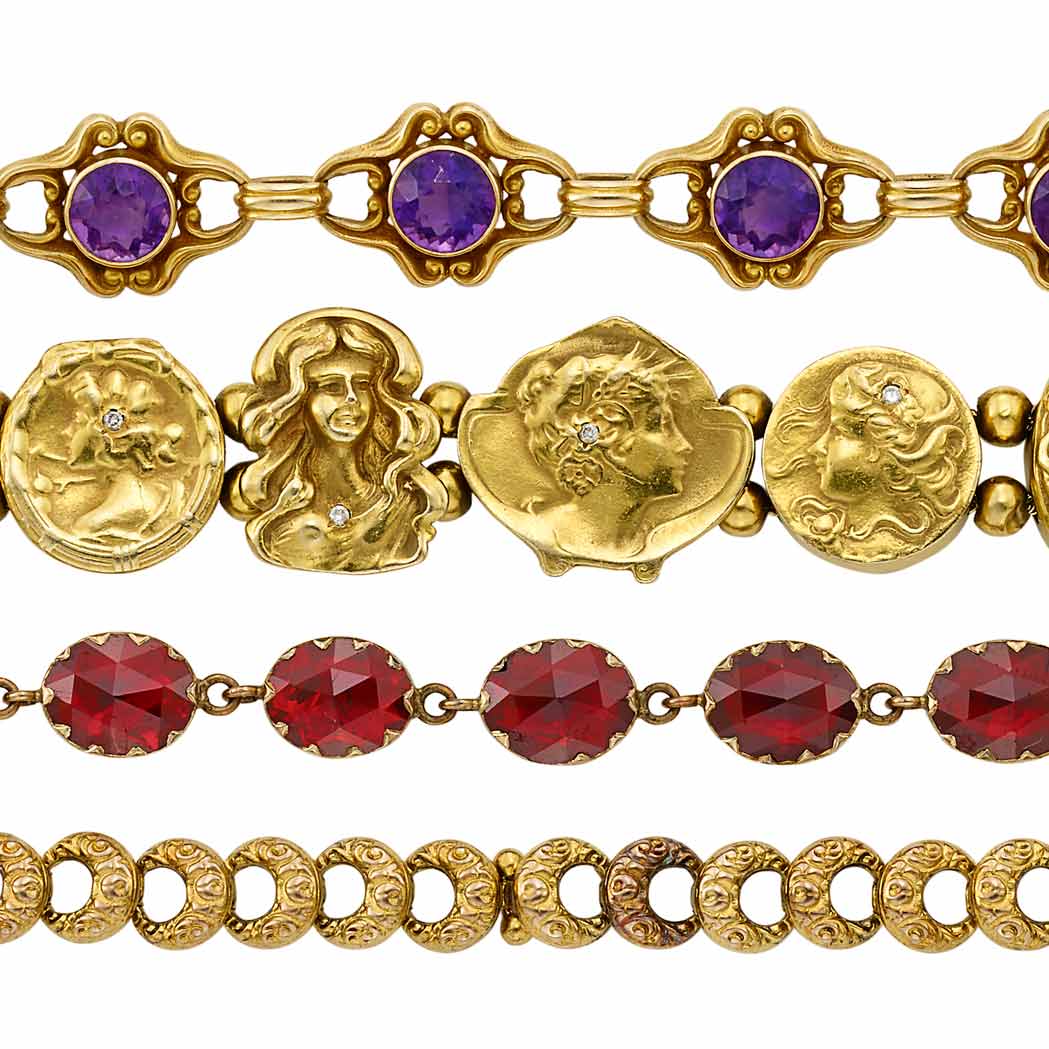 Lot image - Four Antique and Art Nouveau Gold, Silver Gilt, Diamond, Enamel, Garnet and Amethyst Bracelets