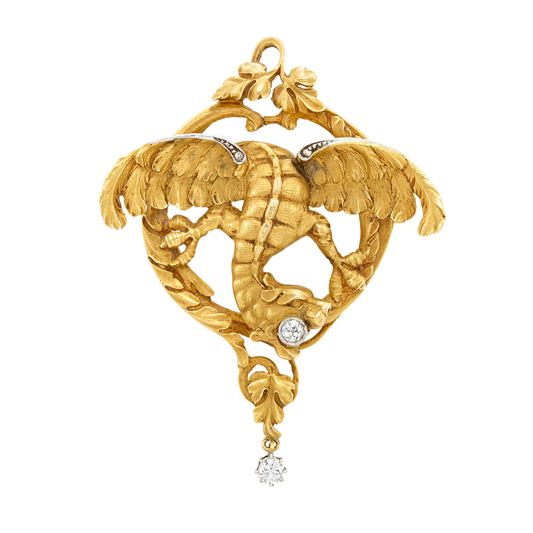Lot image - Antique Gold, Platinum and Diamond Griffin Pendant-Brooch