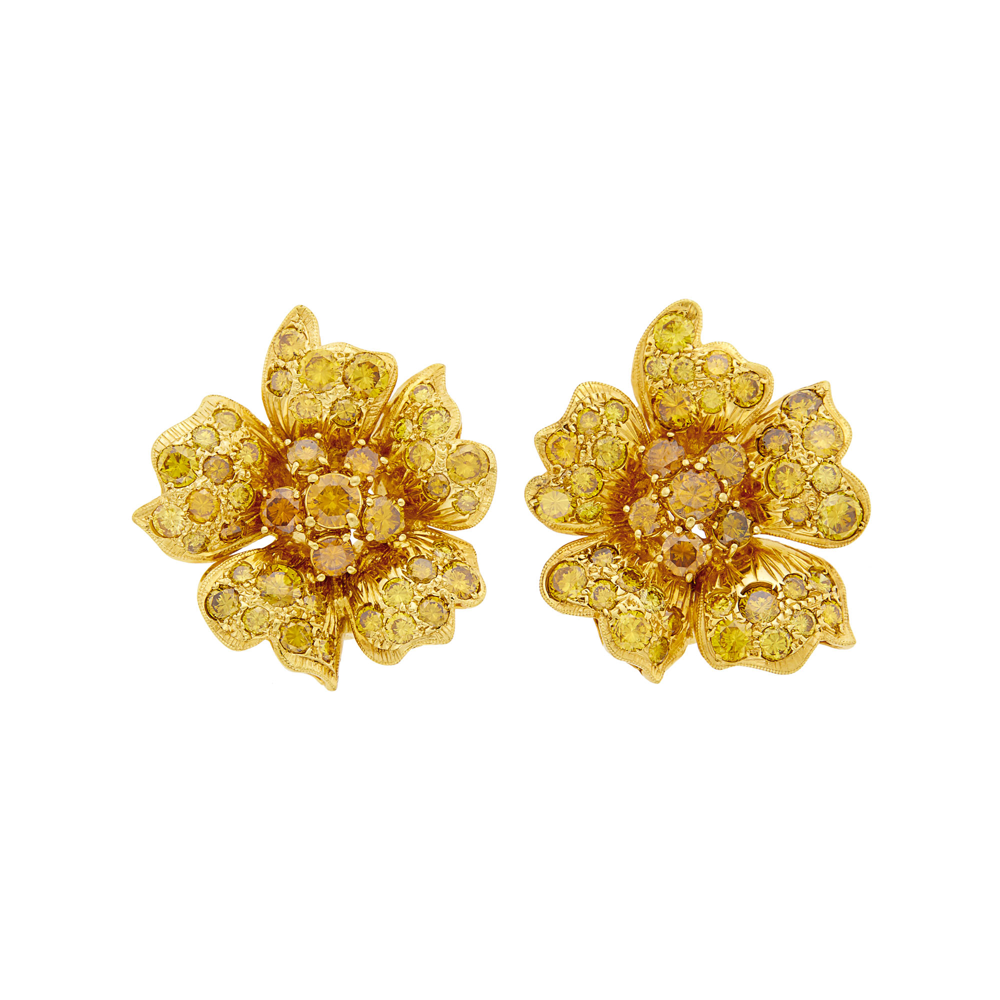 Lot image - Pair of Gold and Colored Diamond Flower Earclips