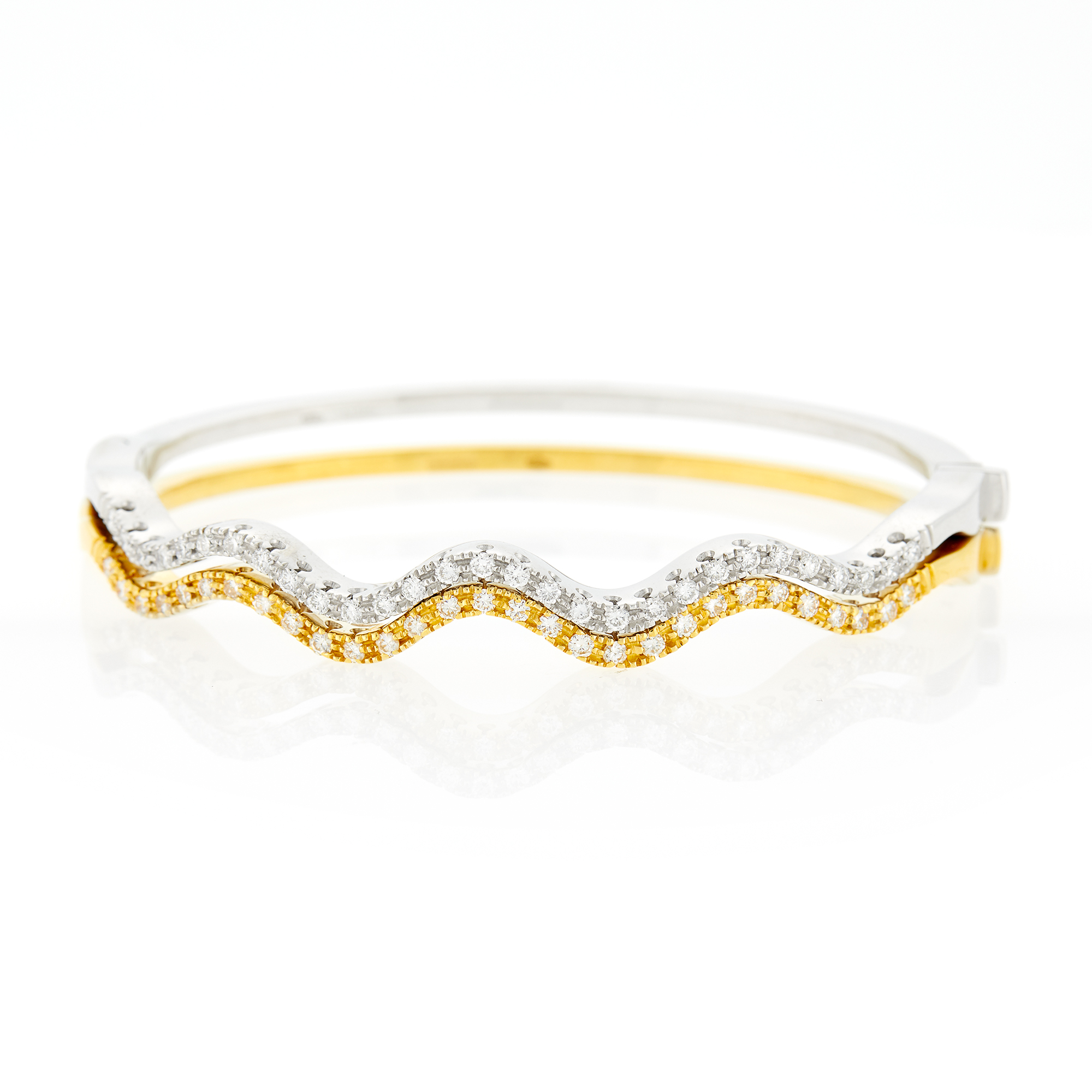 Lot image - Pair of Yellow and White Gold and Diamond Wavy Bangle Bracelets
