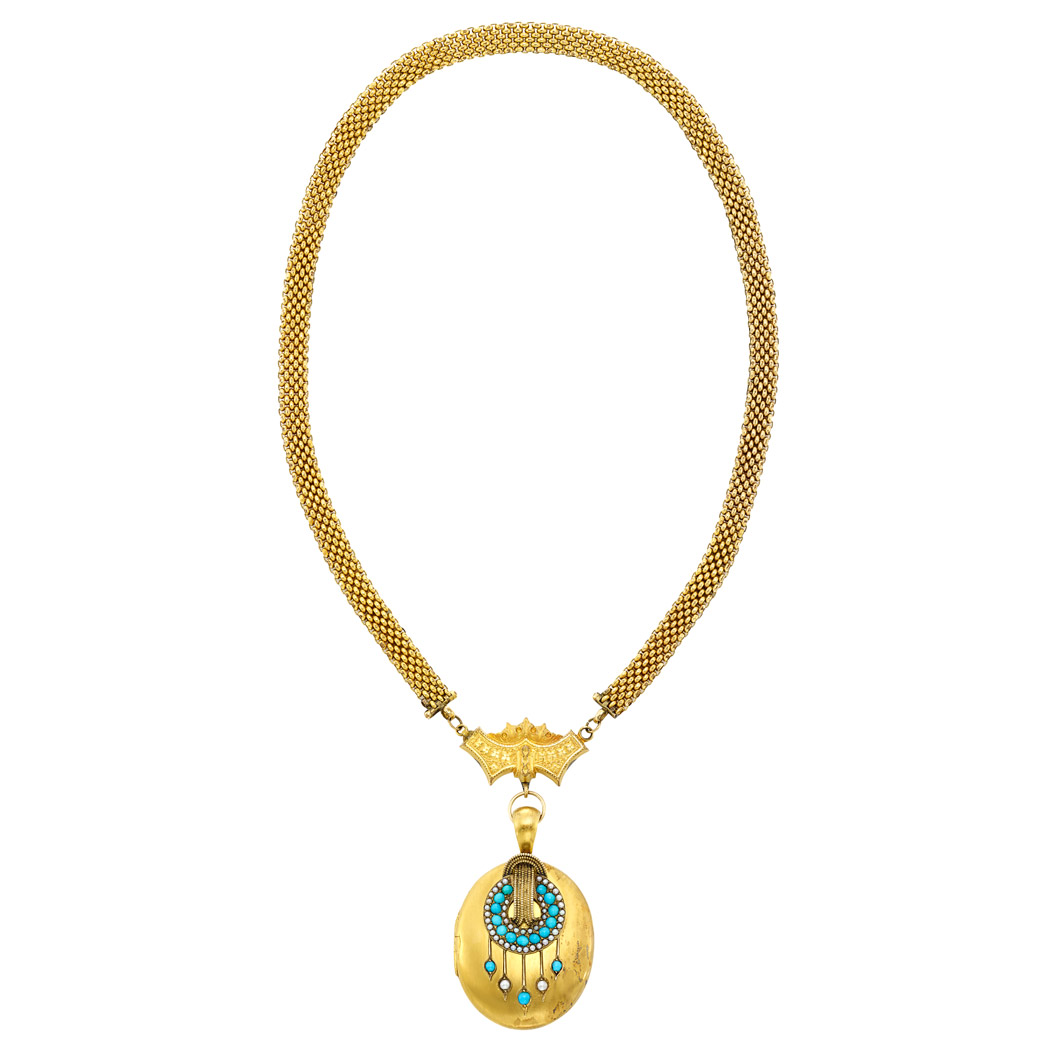 Lot image - Antique Gold, Split Pearl and Turquoise Locket with a Gold-Filled Necklace