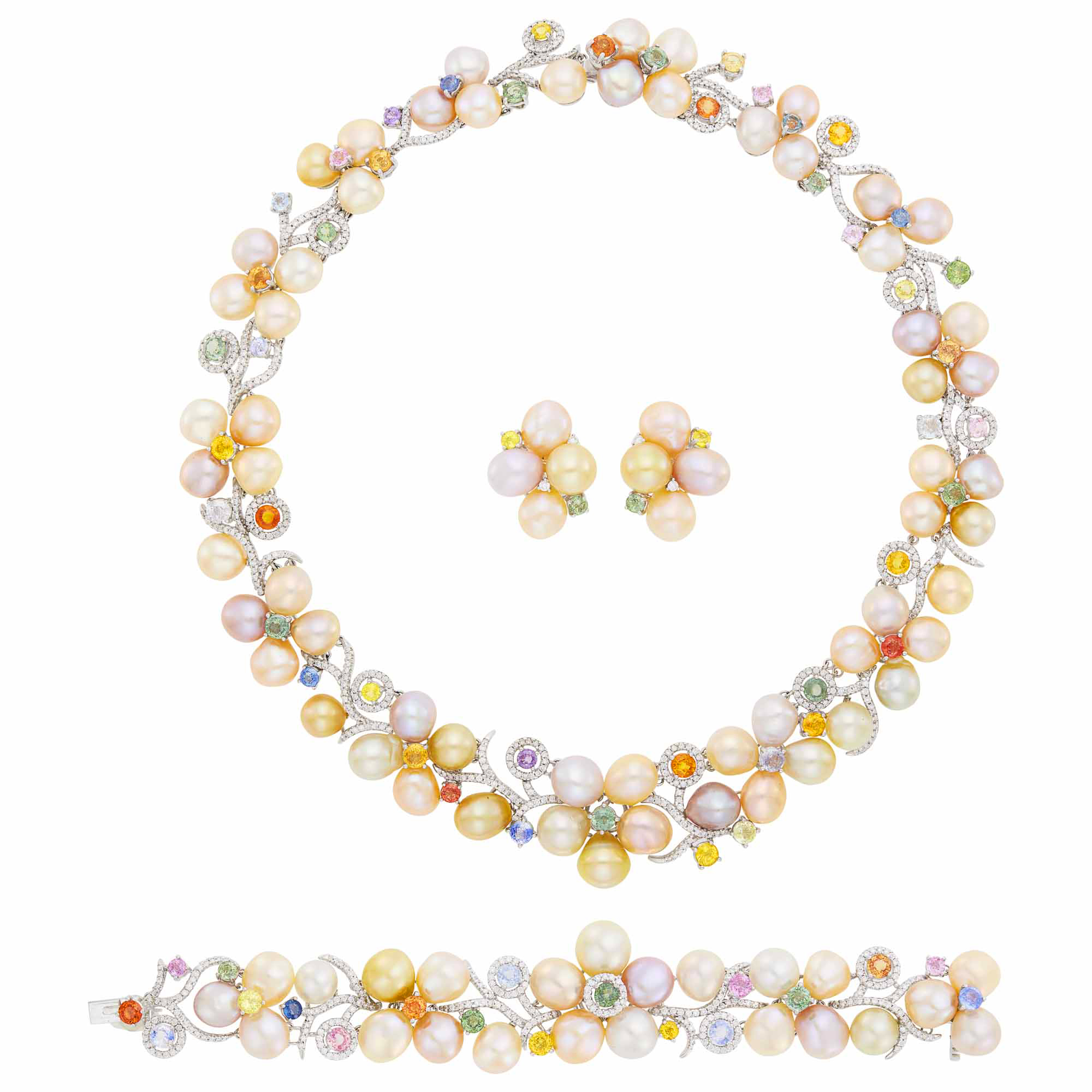 Lot image - White Gold, Freshwater Pearl, Multicolored Sapphire and Diamond Necklace, Bracelet and Pair of Earclips
