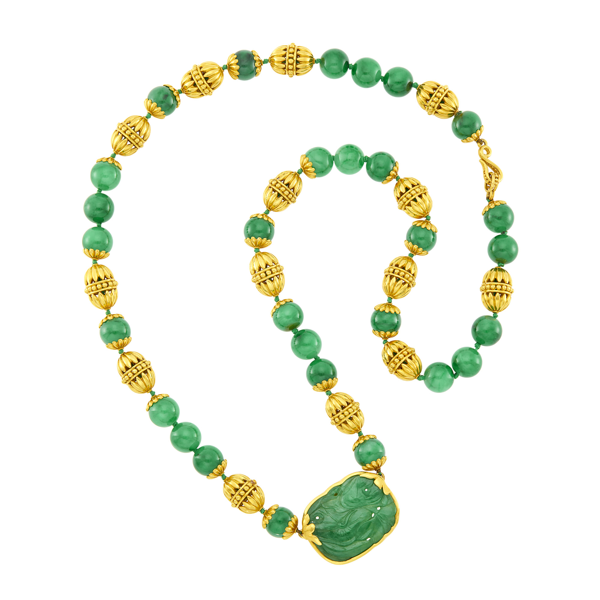 Lot image - Helen Woodhull Long High Karat Gold and Jade Bead Necklace