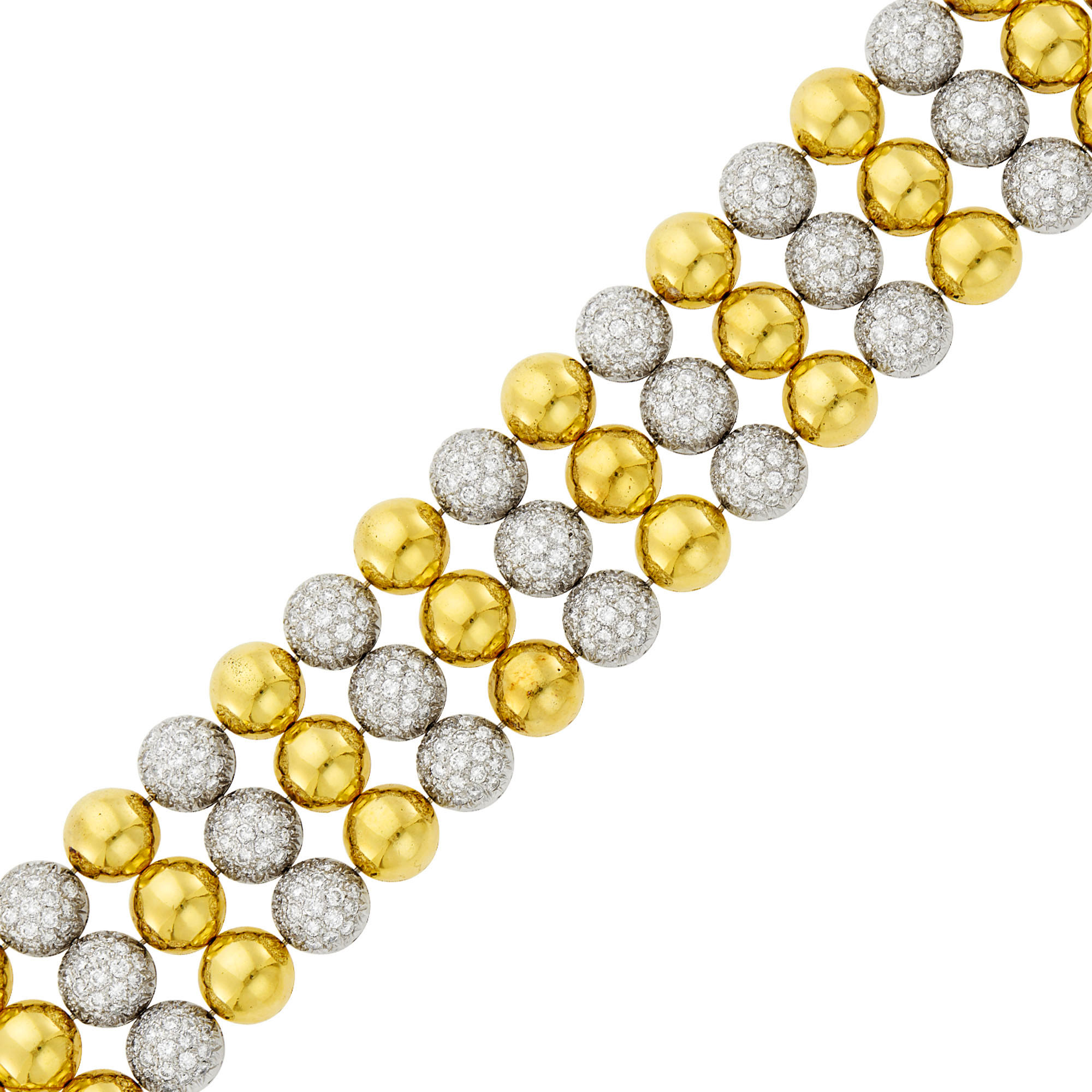 Lot image - Wide Three Row Two-Color Gold and Diamond Bracelet