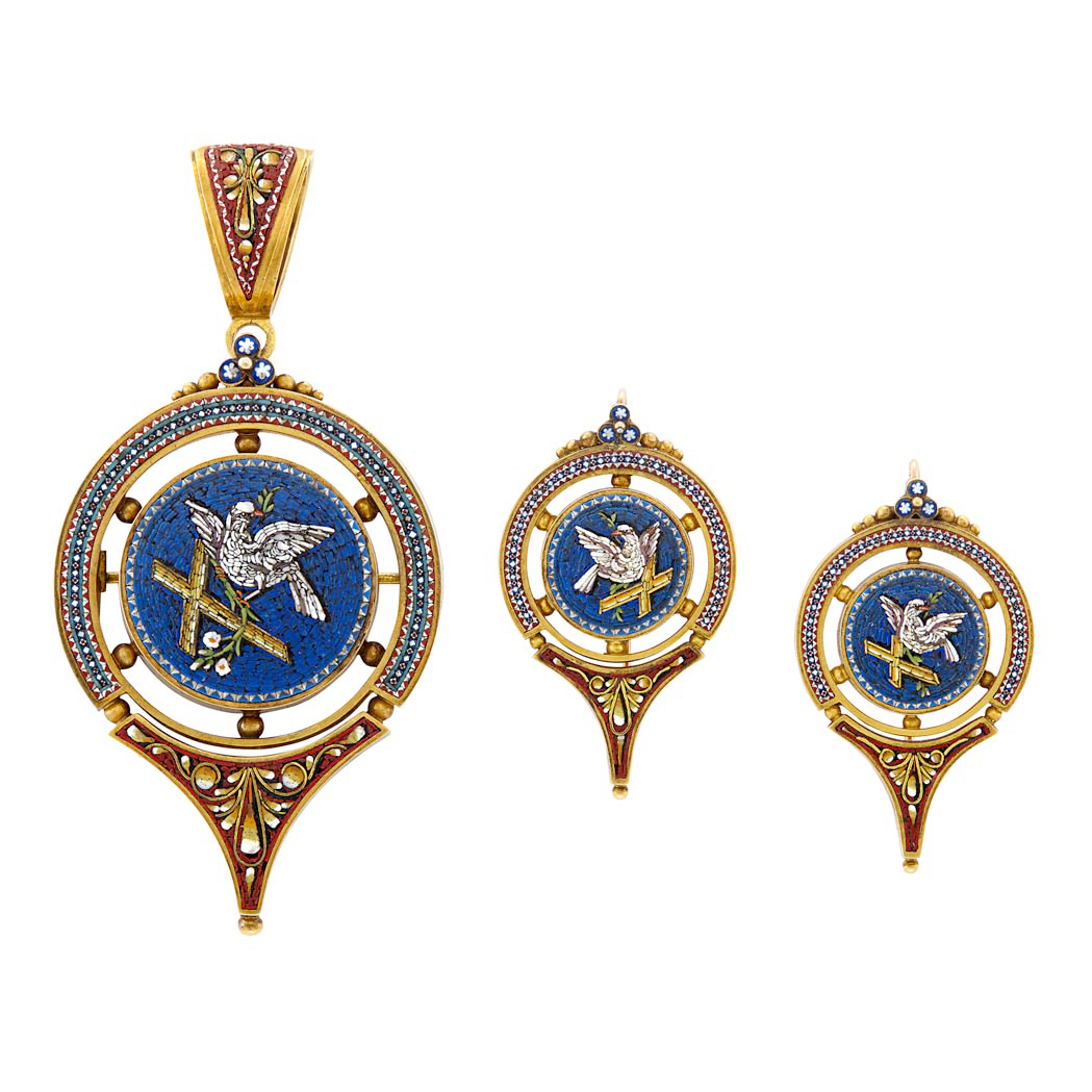 Lot image - Antique Gold and Micromosaic Locket-Brooch and Pair of Earrings