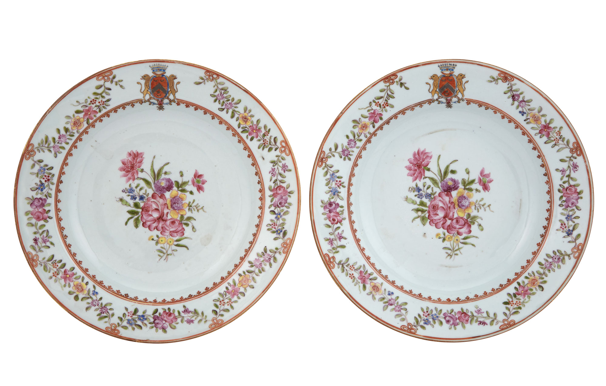 Lot image - Pair of Chinese Export Famille Rose Porcelain Armorial Plates