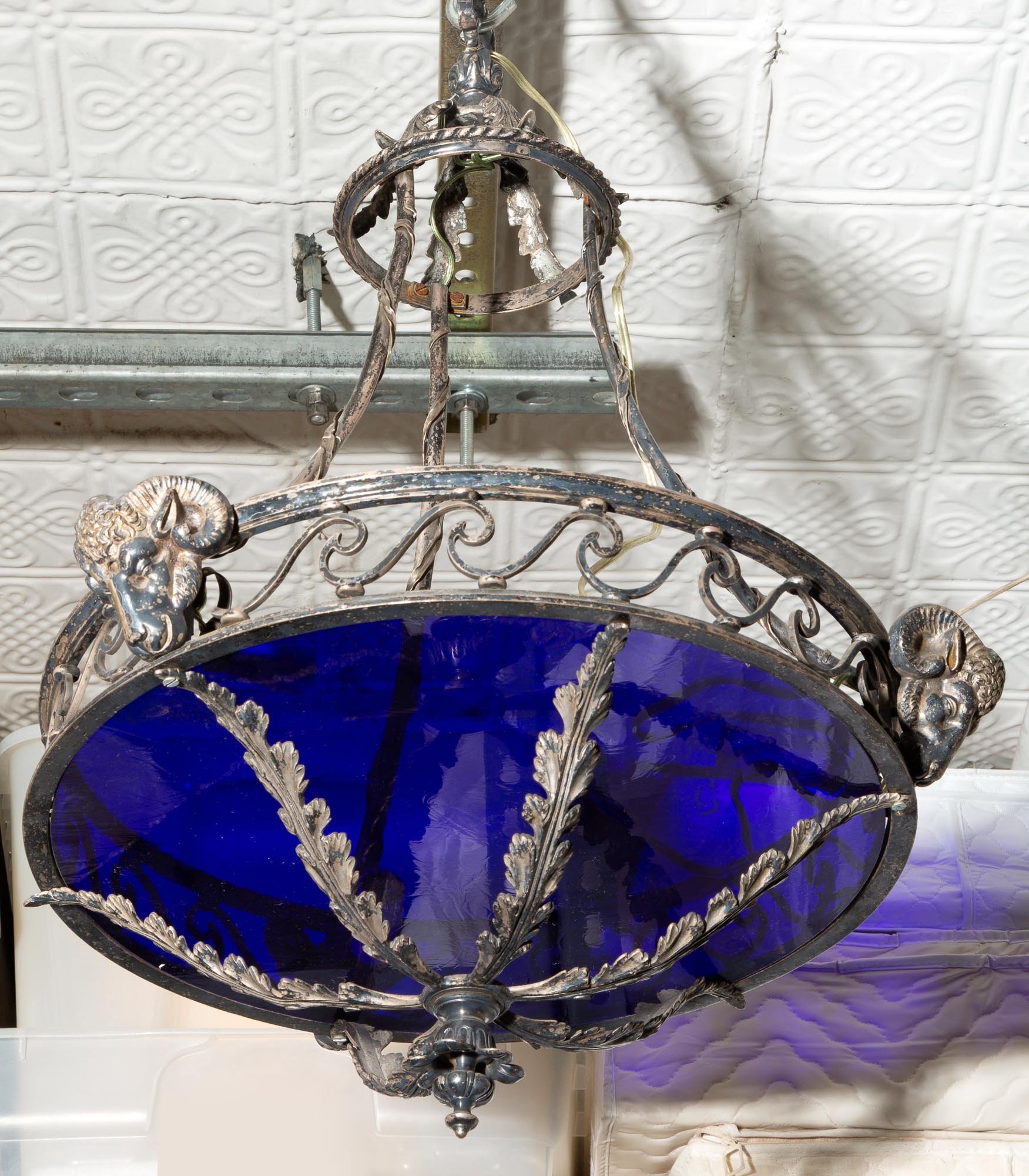 Lot image - Continental Neoclassical Style Silvered Metal and Blue Hanging Light