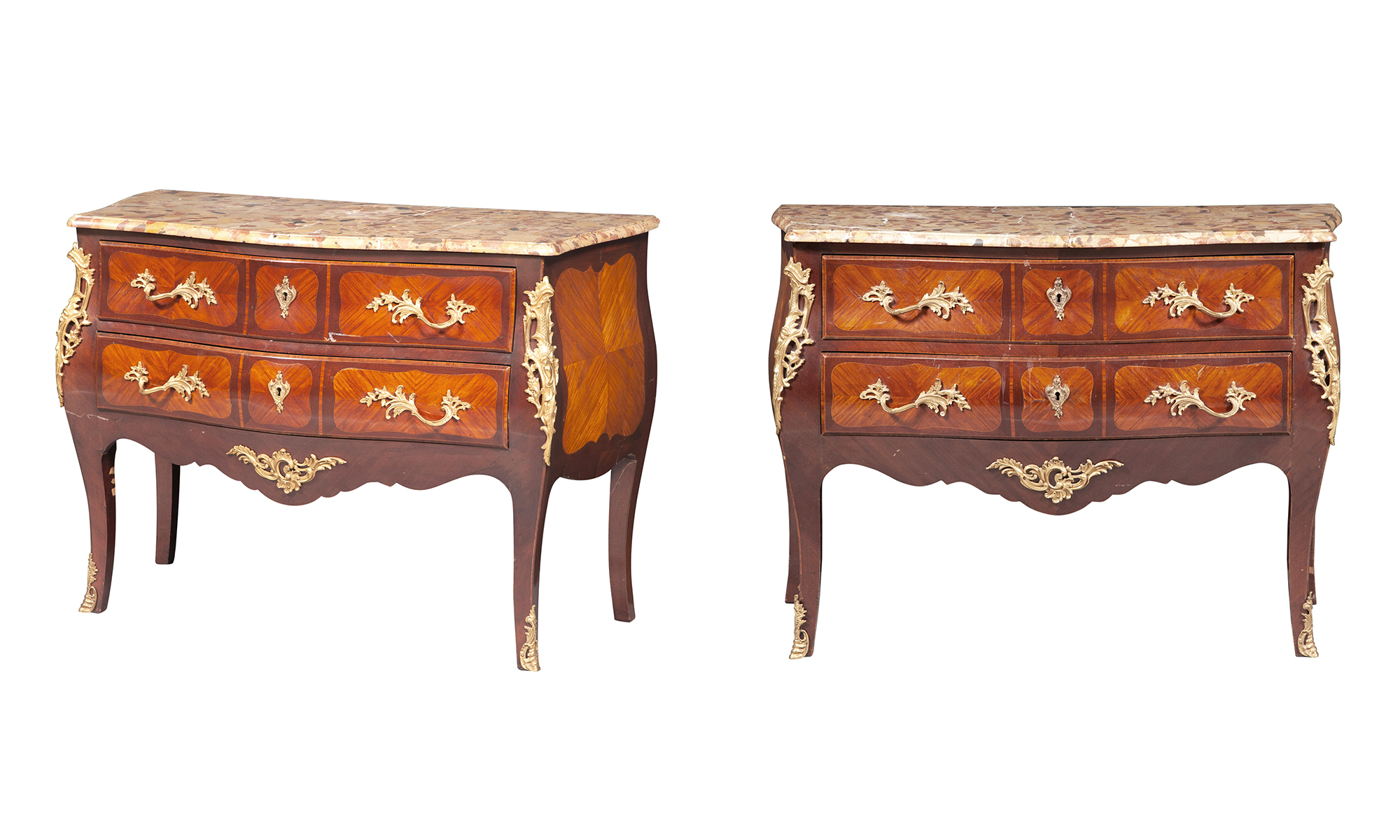 Lot image - Pair of Louis XV Style Gilt-Metal Mounted Inlaid Kingwood Marble Top Commodes