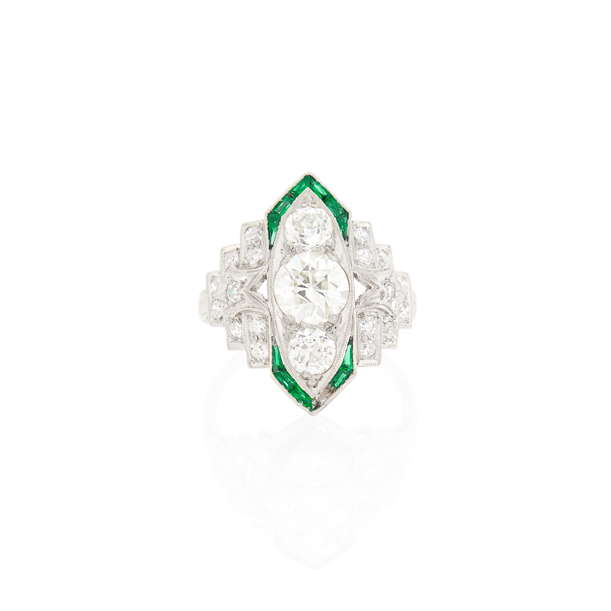 Lot image - Platinum, Diamond and Simulated Emerald Ring