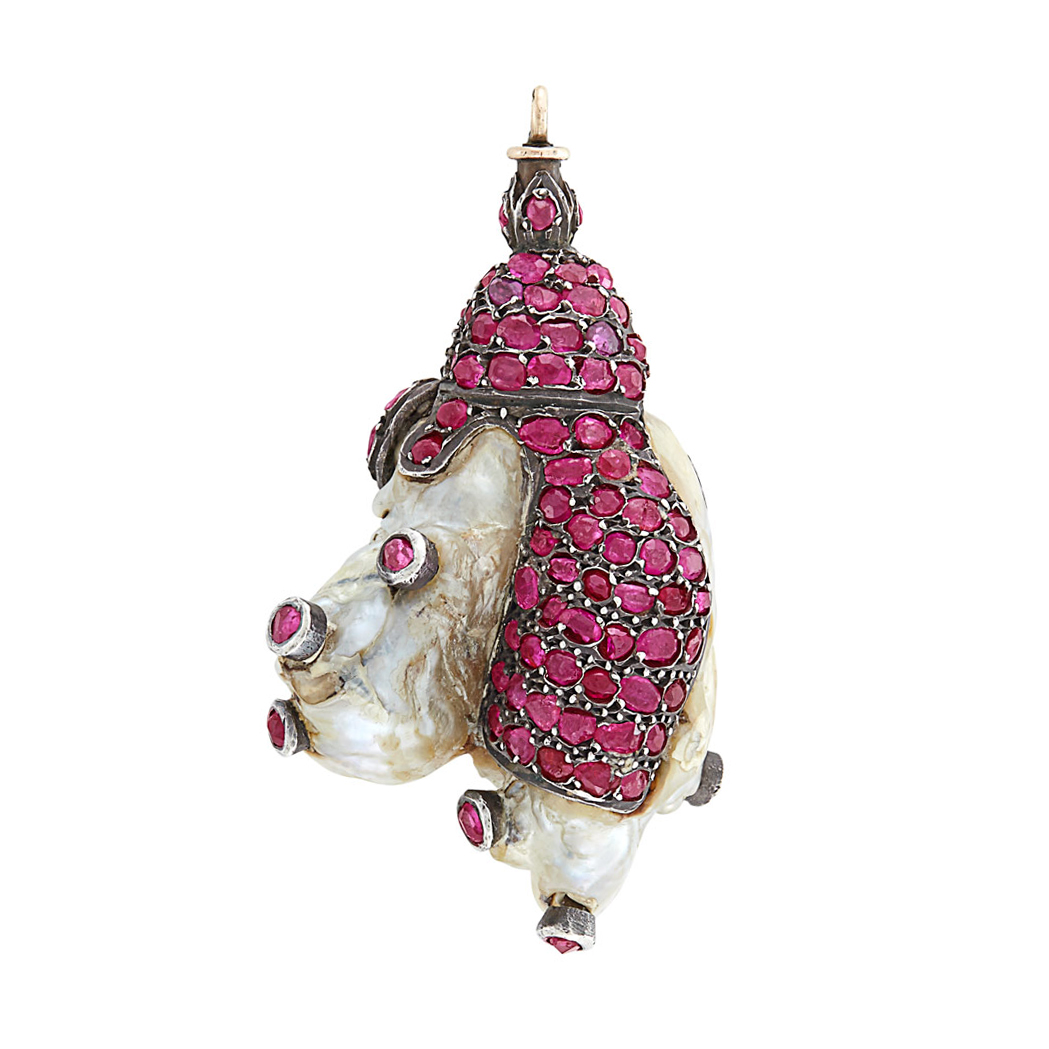 Lot image - Antique Silver, Baroque Freshwater Pearl and Ruby Pendant