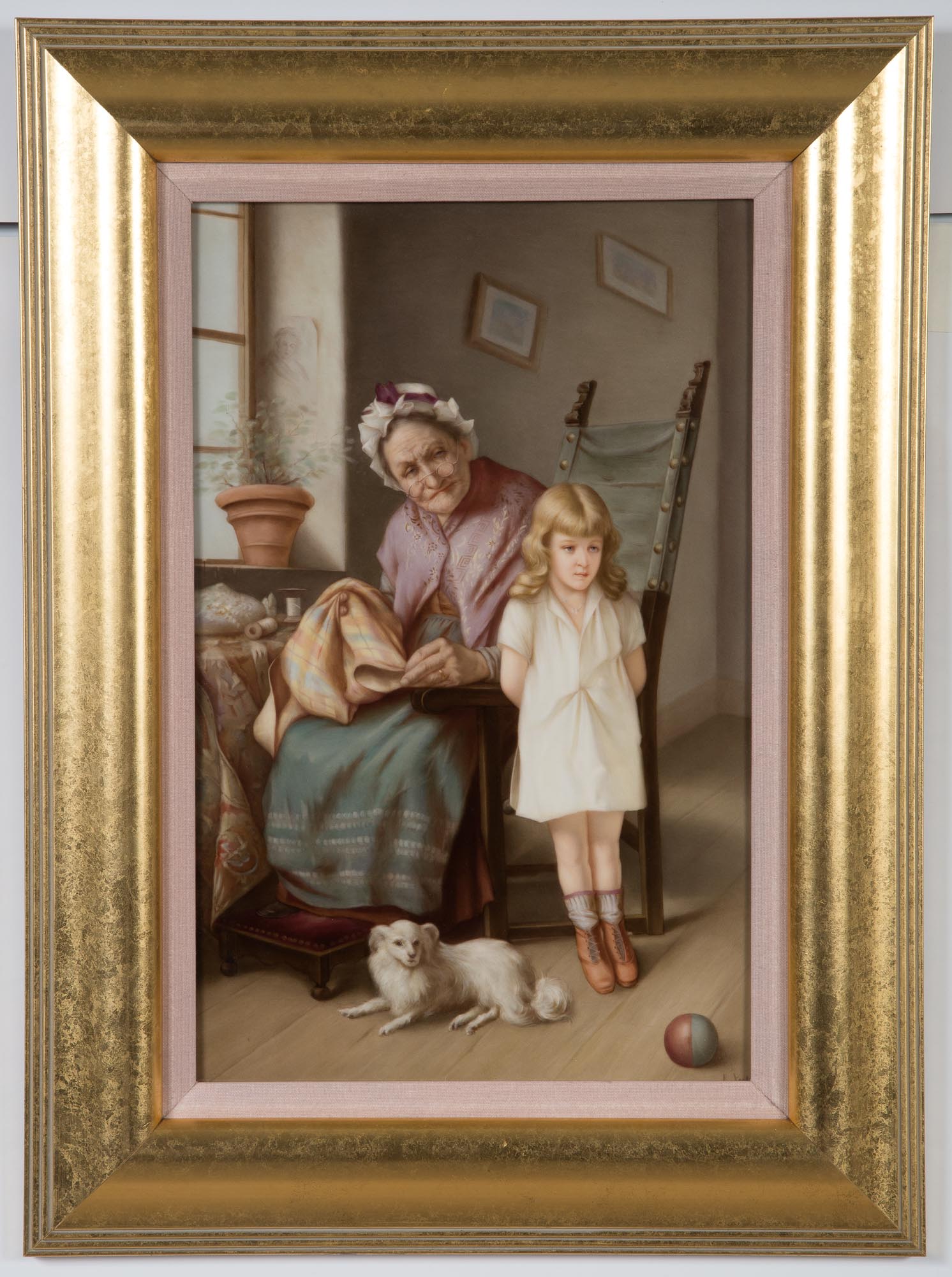 Lot image - KPM Framed Painted Porcelain Plaque of an Elderly Woman and Young Girl with Dog