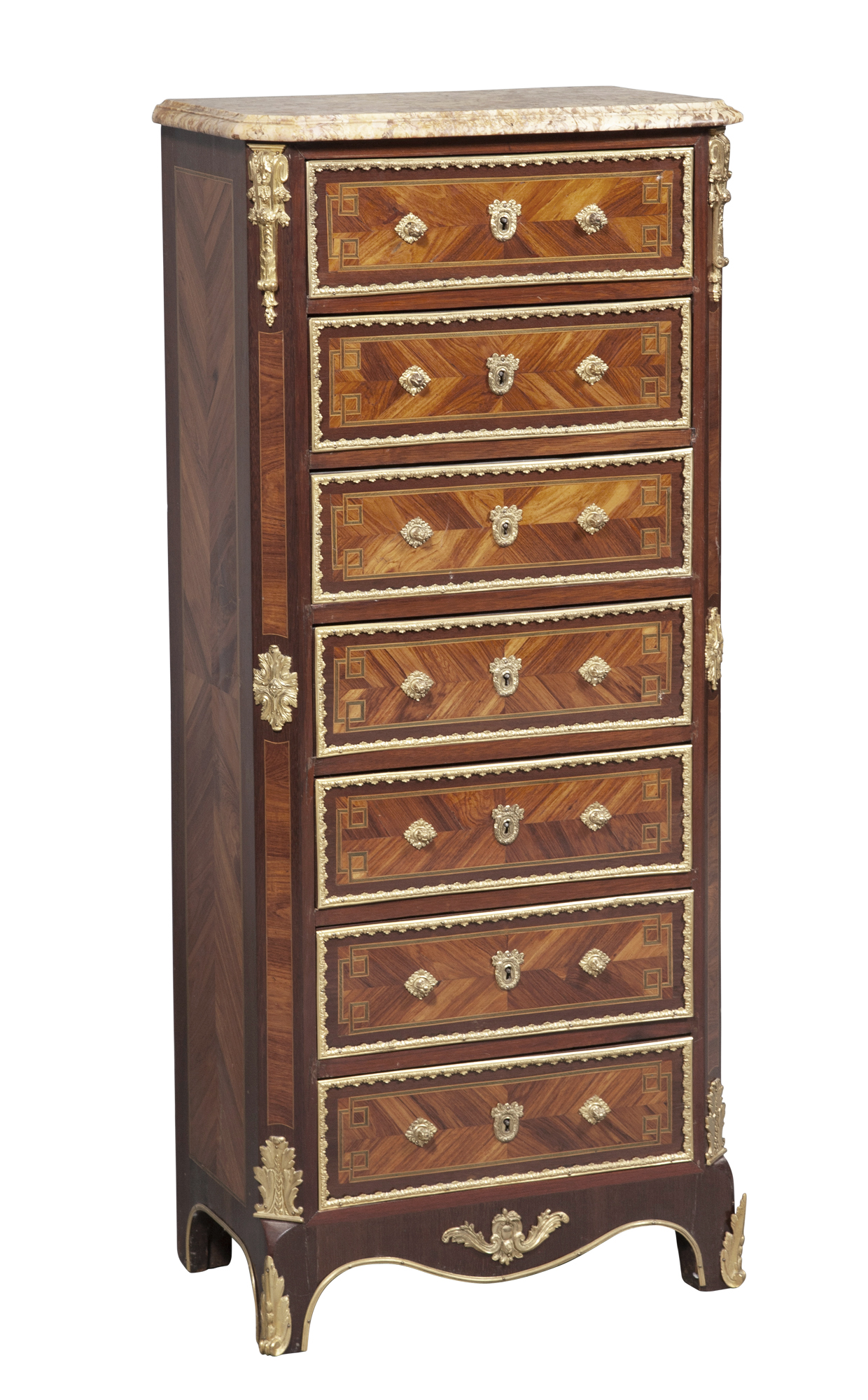 Lot image - Louis XVI Style Gilt-Metal Mounted Kingwood and Tulipwood Marquetry Marble Top Semainier
